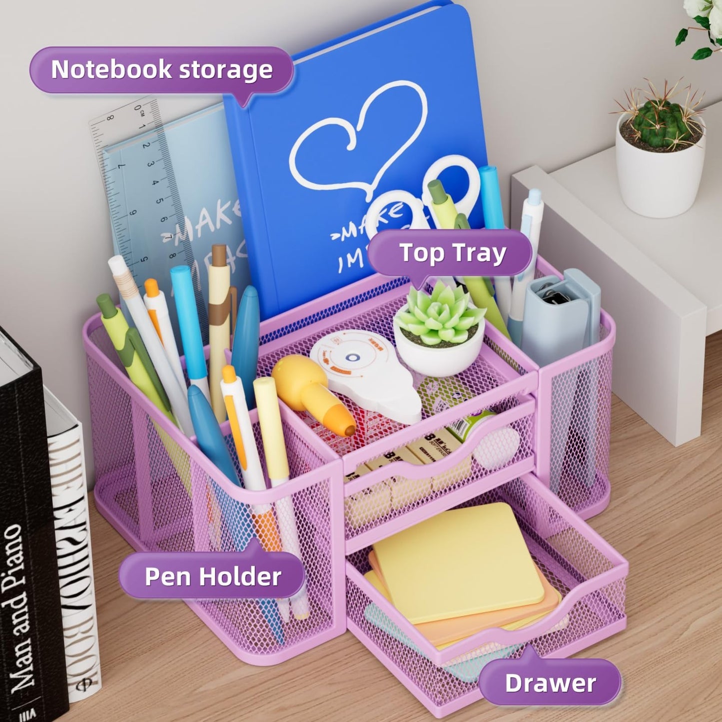 Multi Functional Mesh Desk Organizer with 2 Drawers, 5 Compartments, Purple3