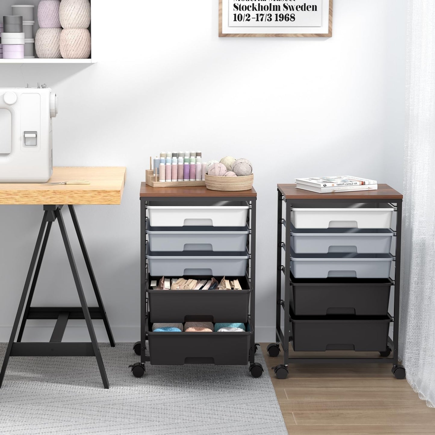 5 Drawer Utility Cart with Wooden Top, Lockable Wheels, Rolling Storage Trolley,8