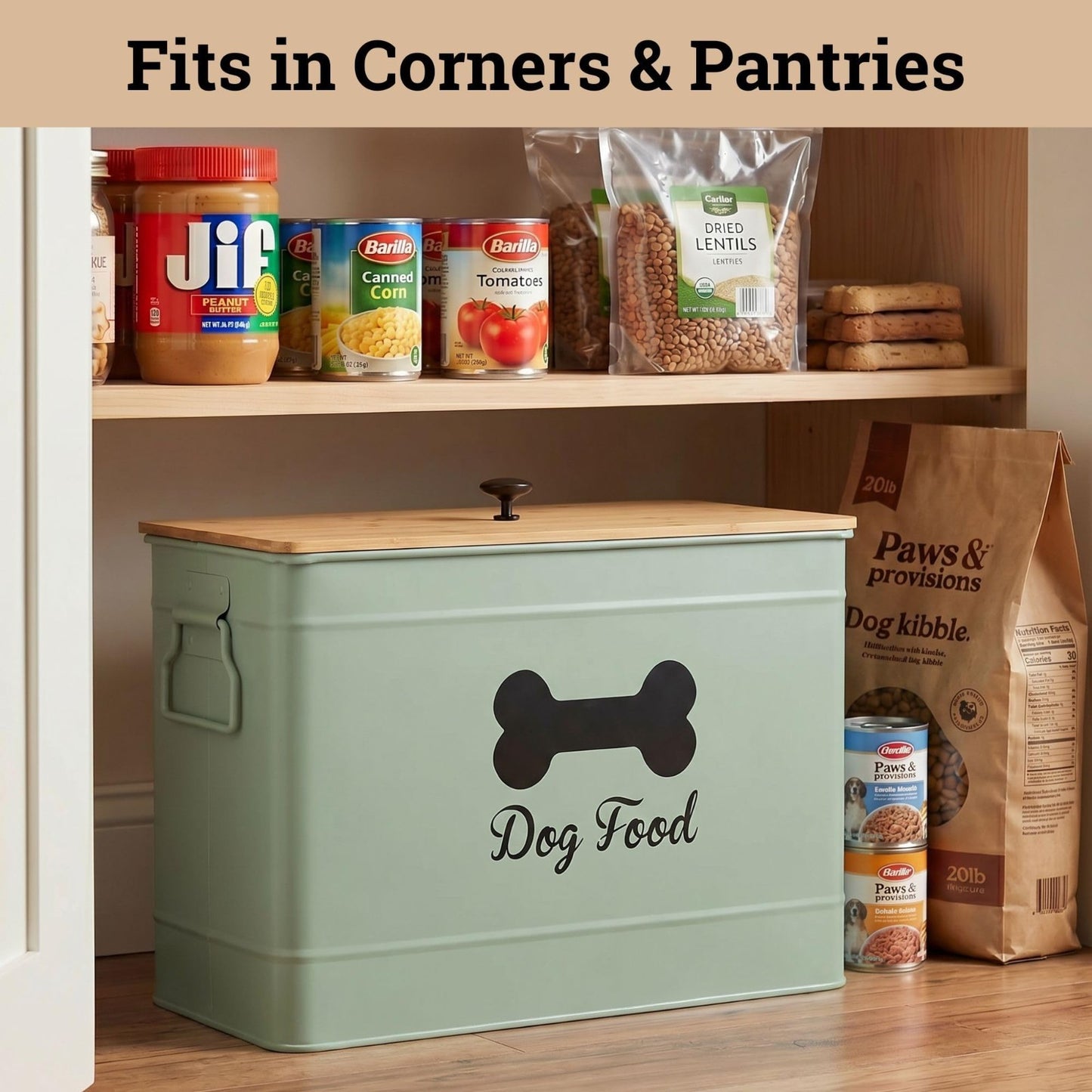 Airtight Metal Dog Food Storage Container 15 20 lbs, 70 Cup Capacity, Bamboo Lid6