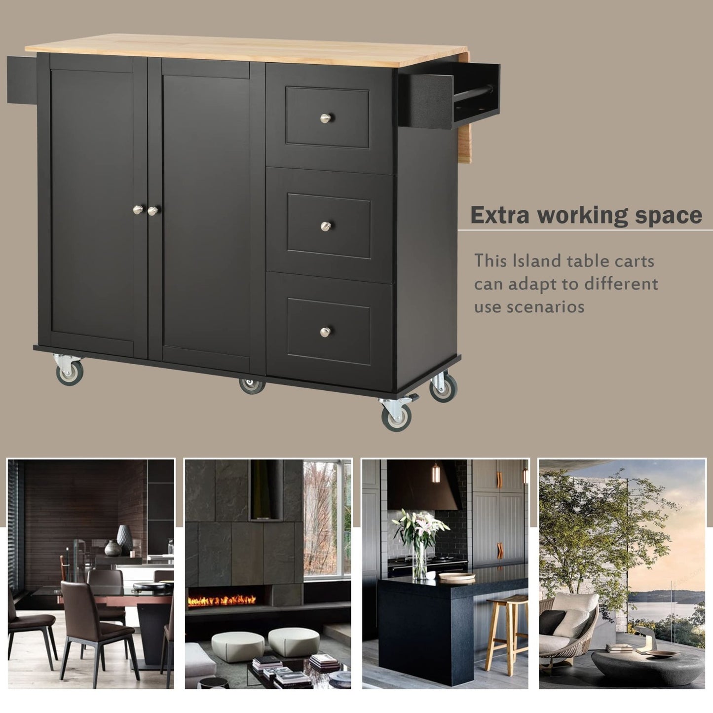 Mobile Kitchen Island with Solid Wood Top, Locking Wheels, Storage & Drop Leaf B5
