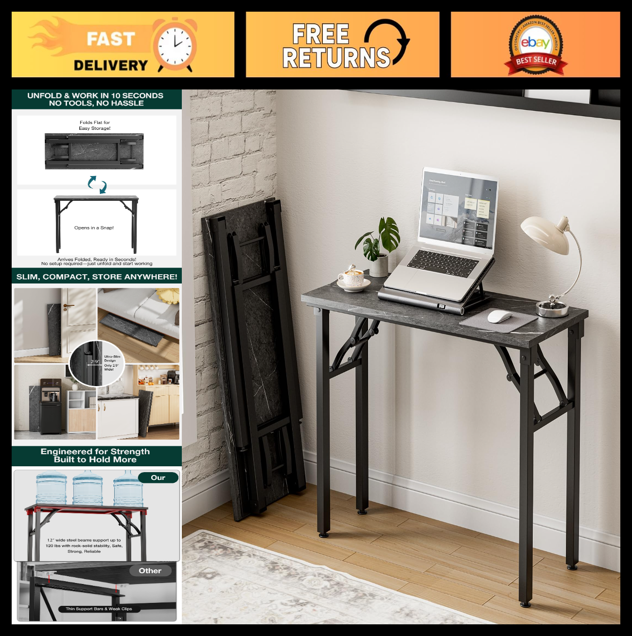 Compact Folding Laptop Desk – 35.8" Portable Table for Small Spaces, Easy Setup0