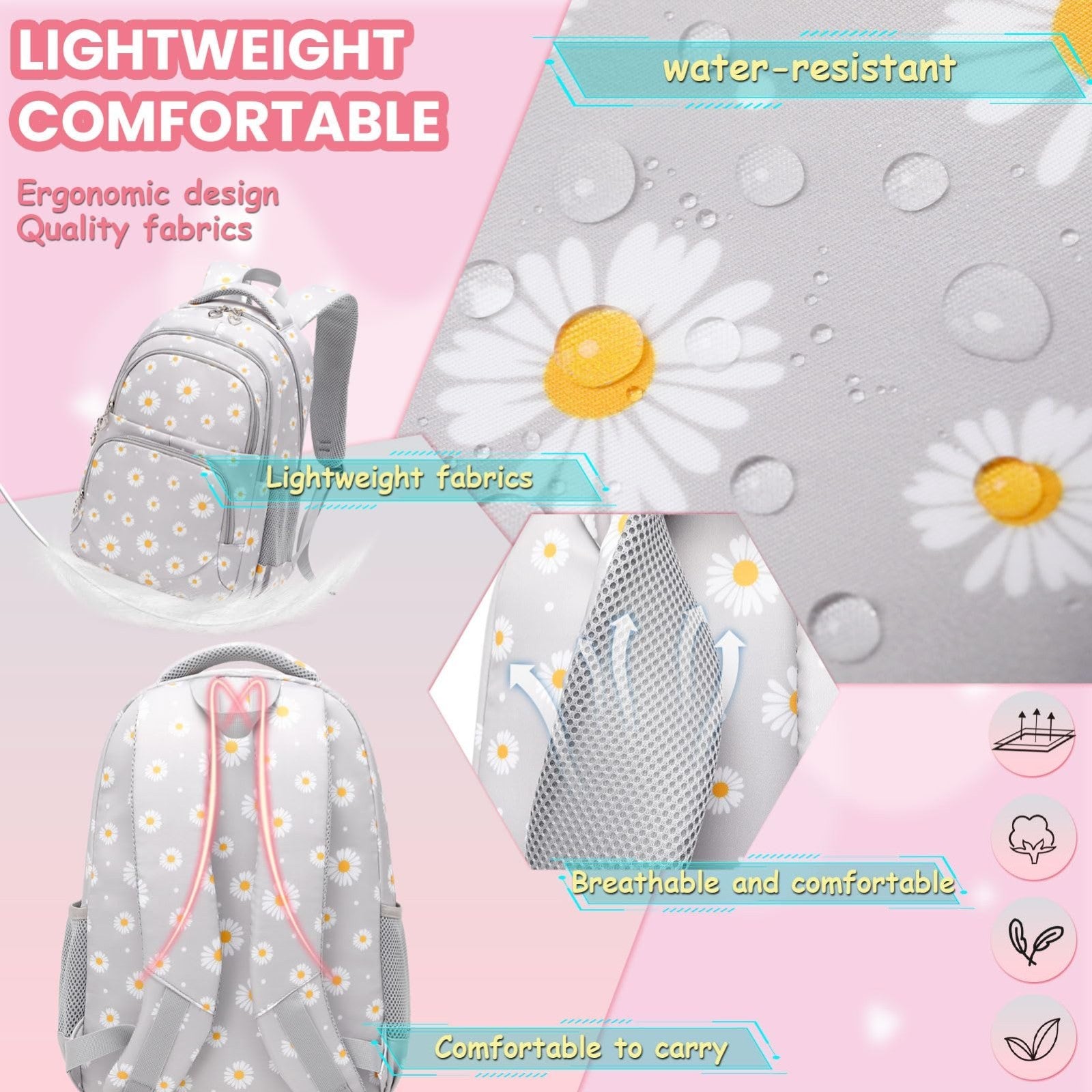 Daisy Print Backpack Set for Girls   3 Pcs Bookbag with Lunch Box   Green, Schoo3