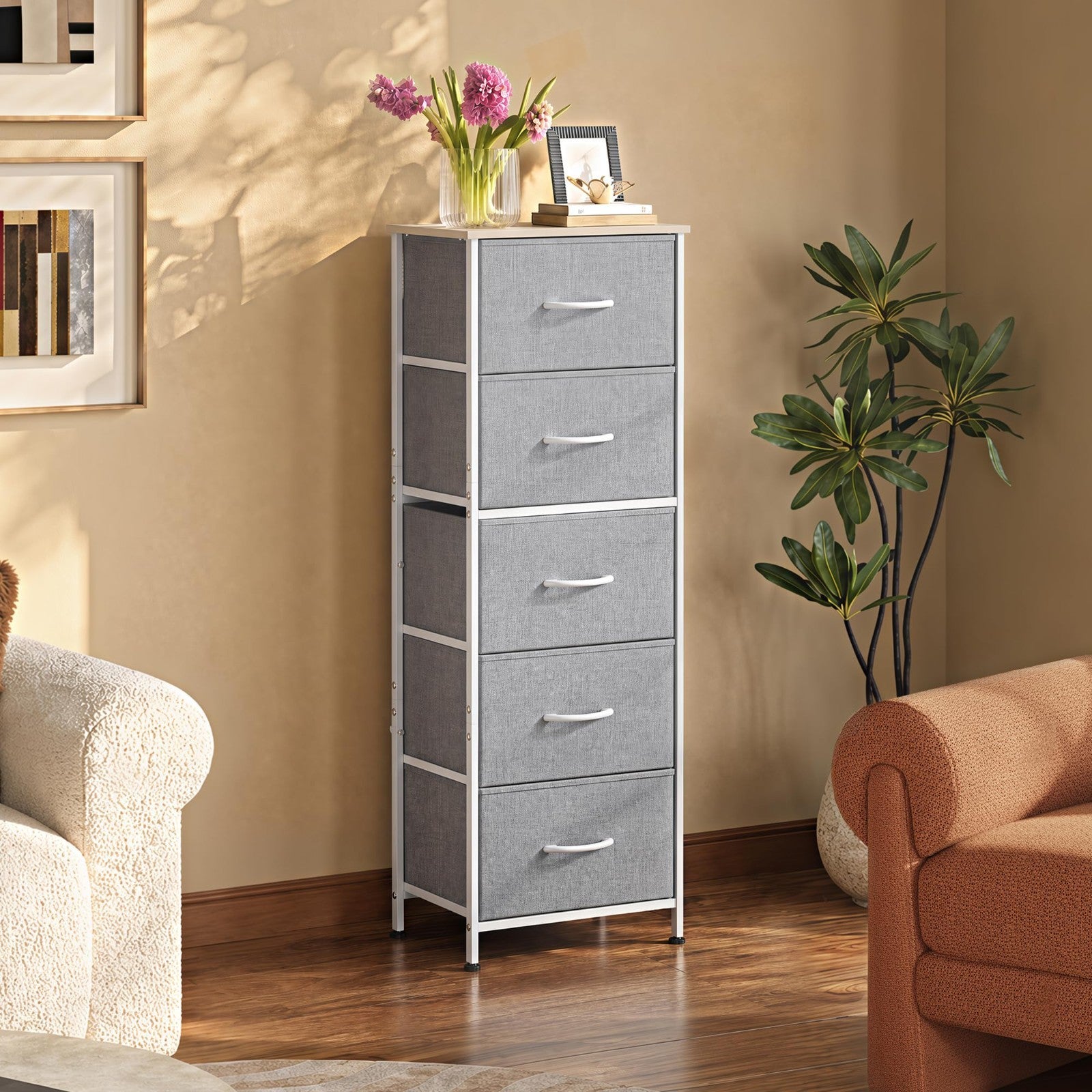 Tall Dresser for Bedroom - 5 Drawer Vertical Chest, Light Grey Fabric Storage, S3