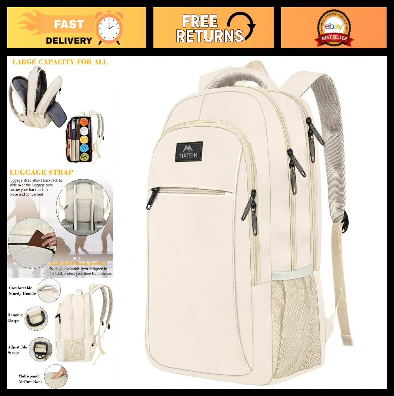 Beige Women's Slim Backpack for Work & Travel, 15.6" Laptop Bag, Stylish & Funct0