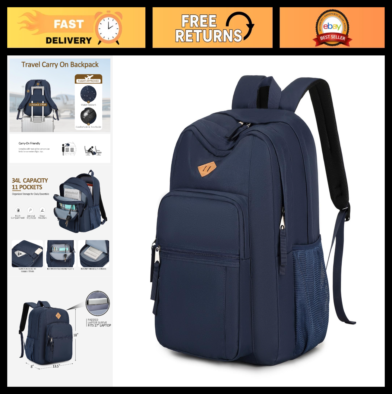 Water Resistant Large Travel Backpack for College, School, Men & Women   Navy0