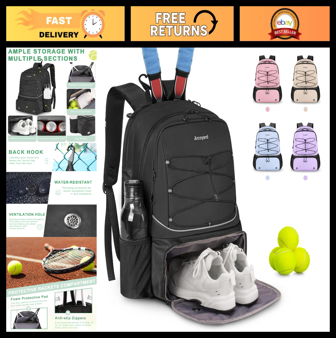 Tennis Bag for 2 Rackets, Professional Women's Tennis Backpack with Shoe Compart0