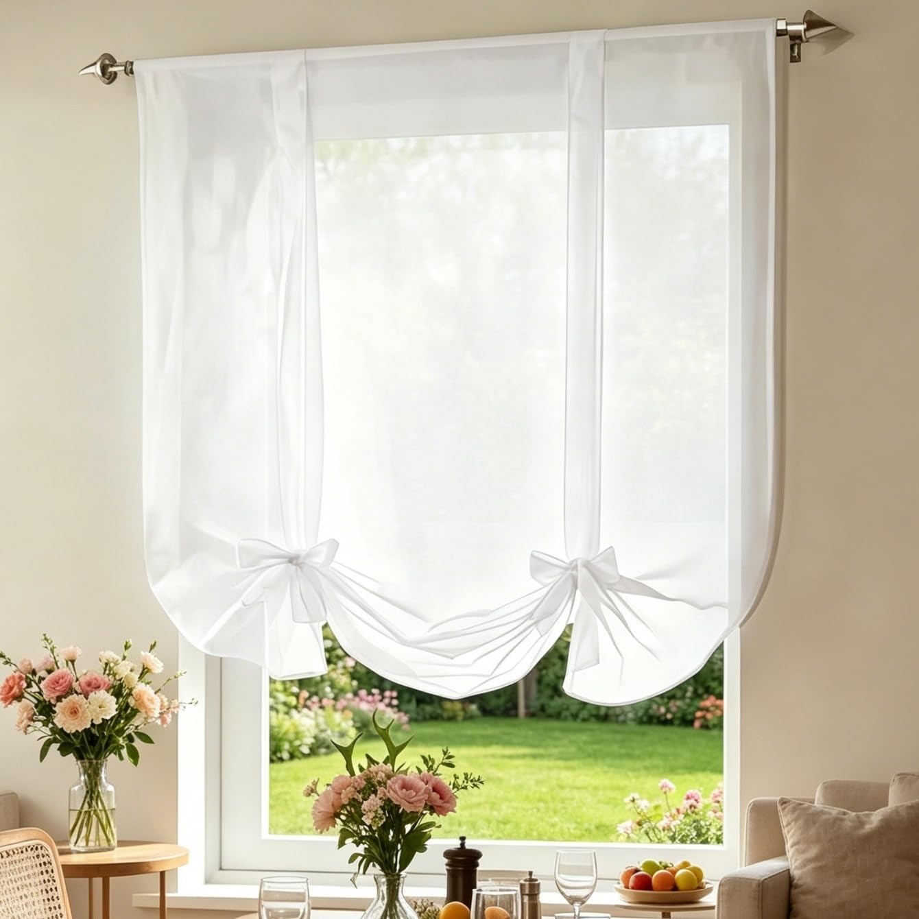 Light Filtering White Tie Up Sheer Voile Curtain | Adjustable Balloon Shade Vala5