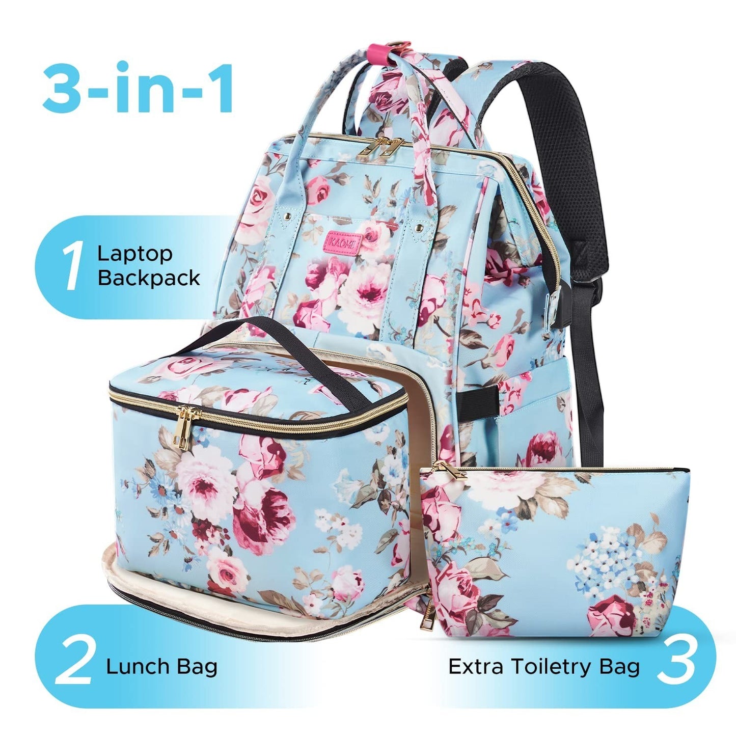 15.6" Laptop Backpack with USB Port, Insulated Lunch Bag, Waterproof Daypack for1