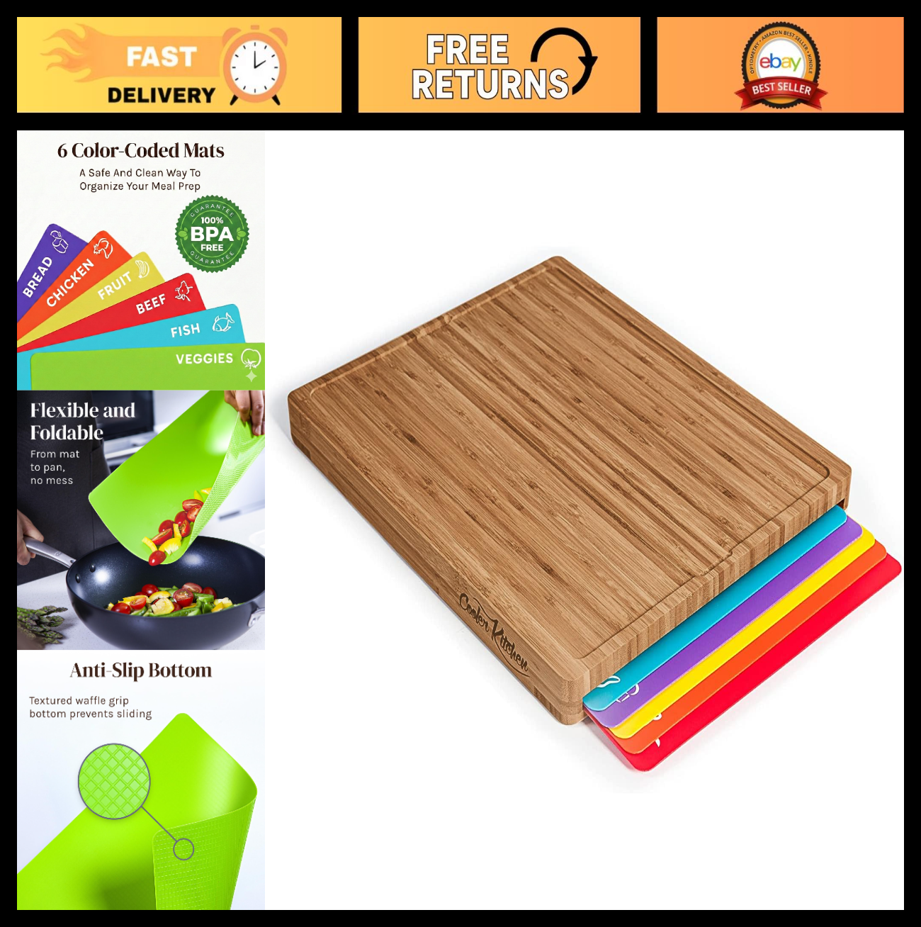 Bamboo Cutting Board Set with 6 Color-Coded Chopping Mats, Non-Toxic & Dishwashe0