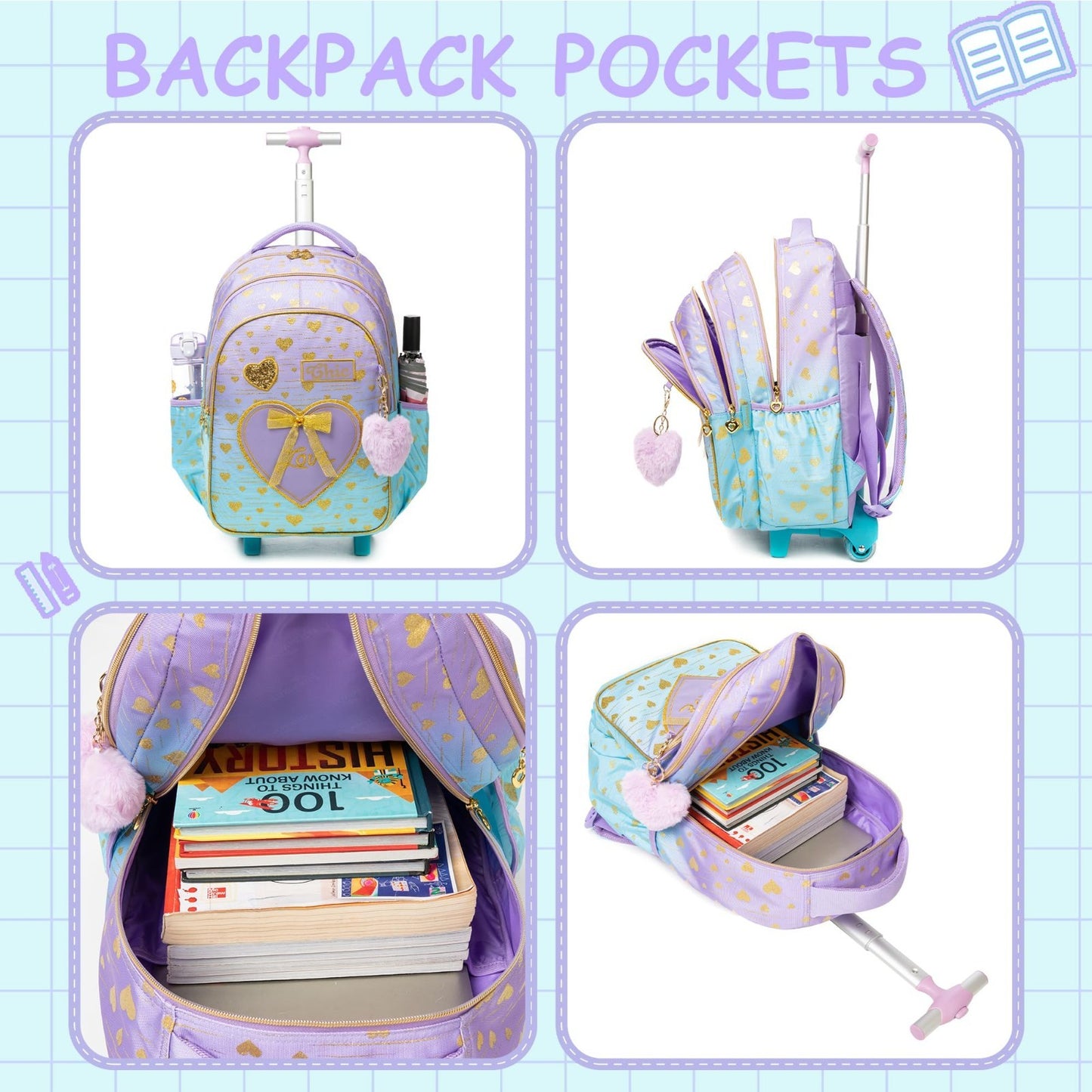 Girls Rolling Backpack with Wheels, Kids Travel Suitcase & Lunch Box, Ages 6 83