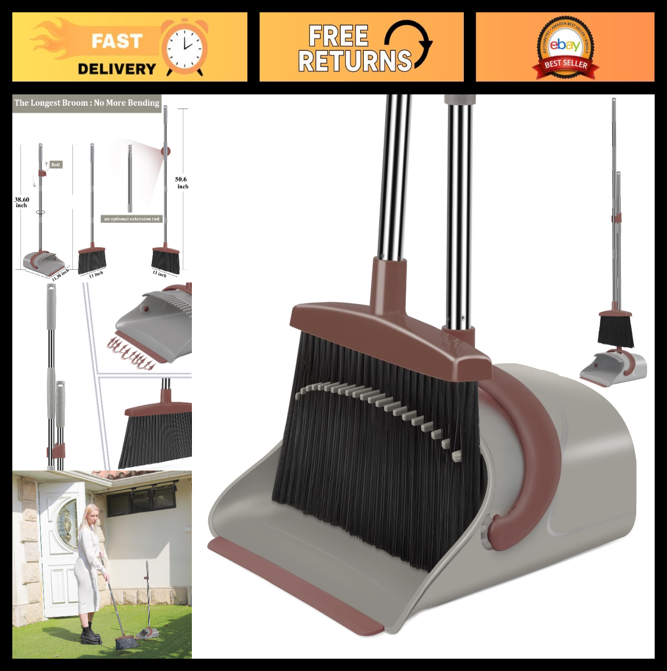 Upright Broom and Dustpan Set, 50.6" Long Handle, Pet Hair Remover, Quiet Cleani0
