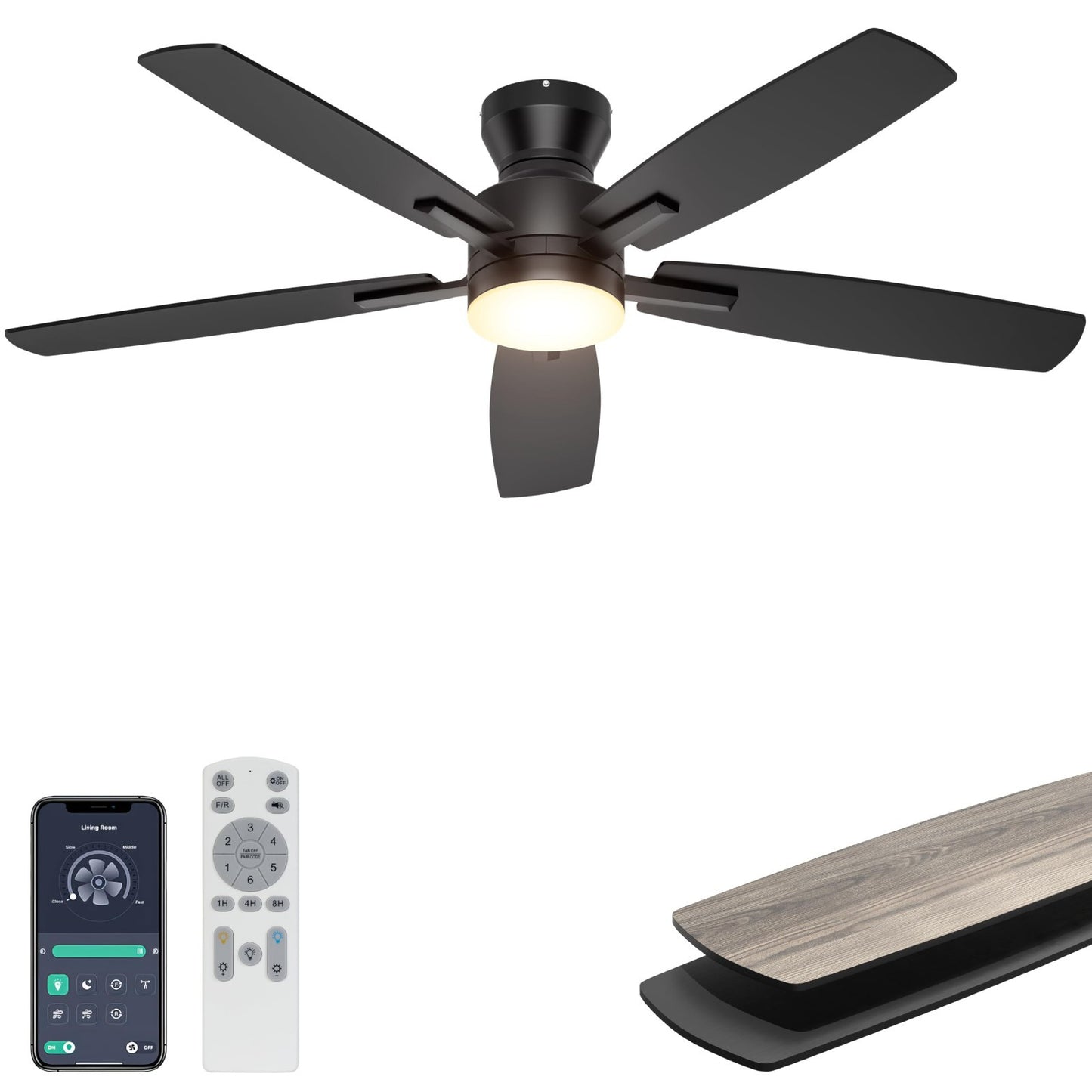 52" Low Profile Ceiling Fan with Lights, Remote/APP Control, Dimmable LED, Quiet1
