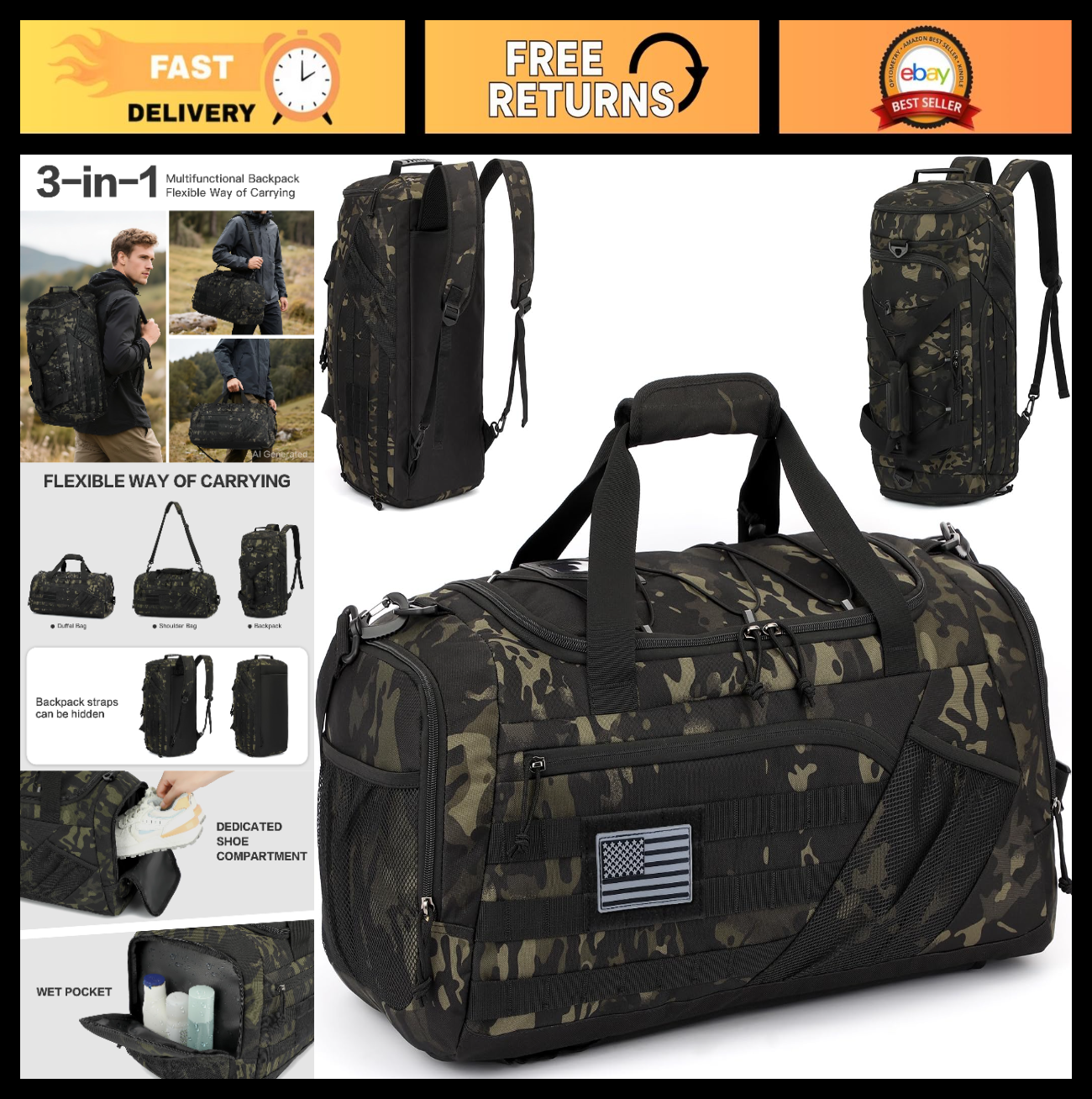 Multi Functional 45L Tactical Gym Duffle Backpack   Shoe Compartment, Wet Pocket0