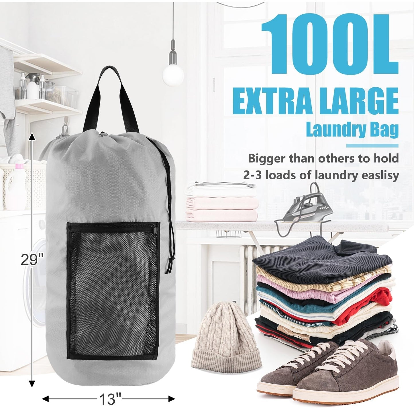 Extra Large Travel Laundry Bag Backpack, 2PCS with Mesh Pocket & Adjustable Stra2