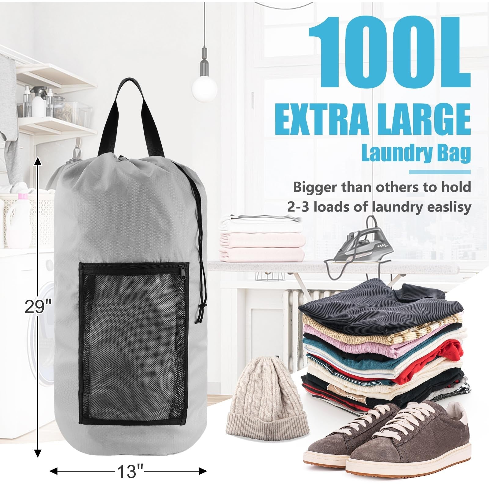 Extra Large Travel Laundry Bag Backpack, 2PCS with Mesh Pocket & Adjustable Stra2