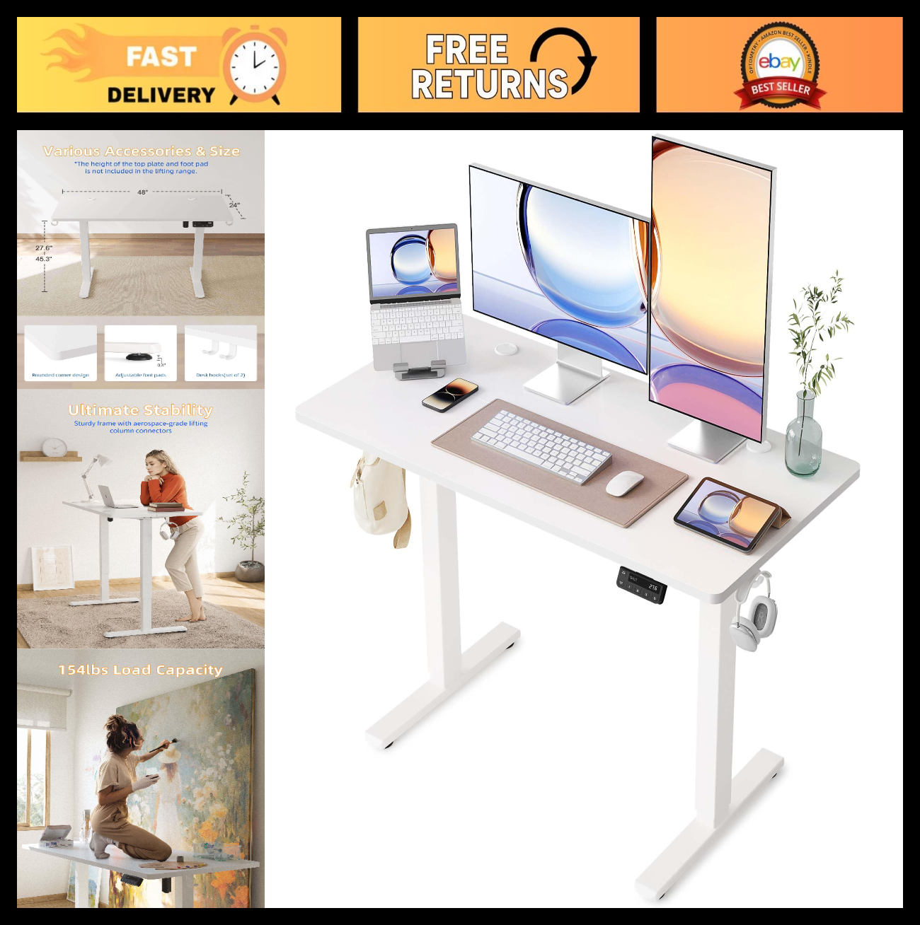 Adjustable Electric Standing Desk 48x24 Inches, Height-Adjustable Home Office De0