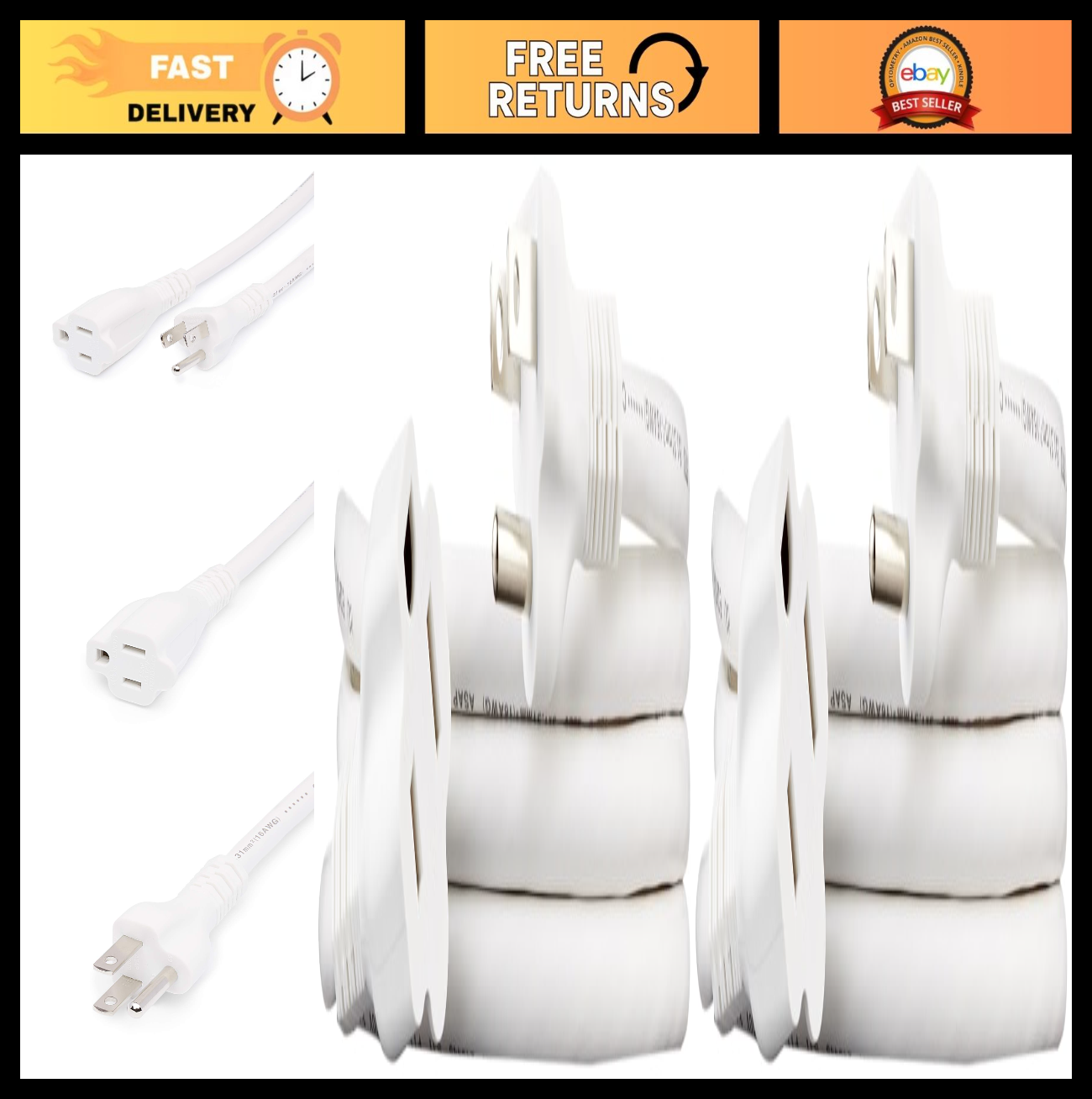 3 Prong Extension Cord 6ft Indoor Use, 13 Amps, 125V, White, 2 Pack   Heavy Duty0