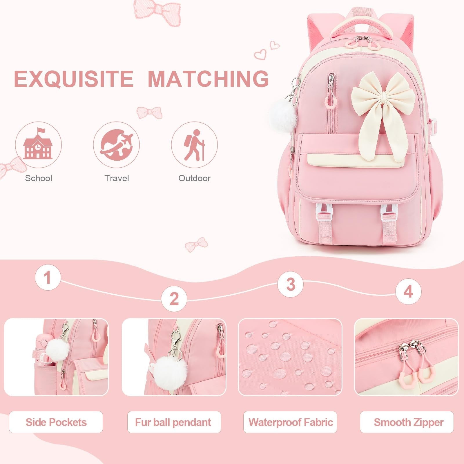 Girls Bow Backpack Set   3PCS with Lunch Bag & Pencil Case, Stylish School Bag4