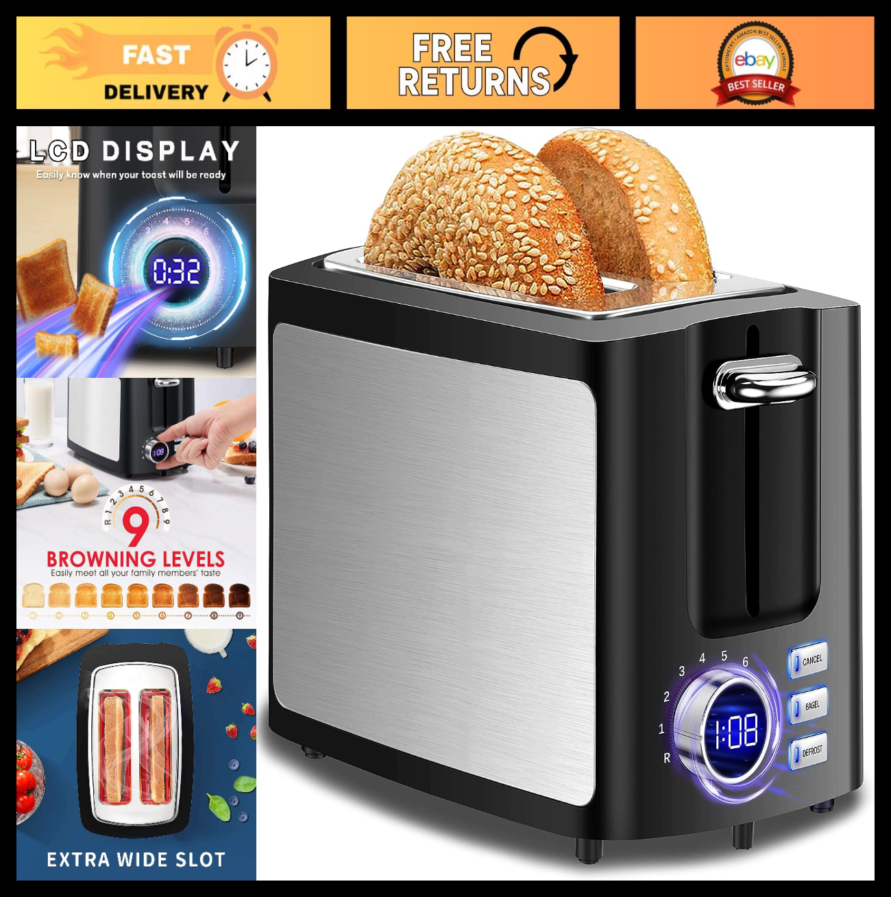 2 Slice Wide Slot Toaster with LCD Timer, Bagel/Defrost/Cancel/Reheat Functions0