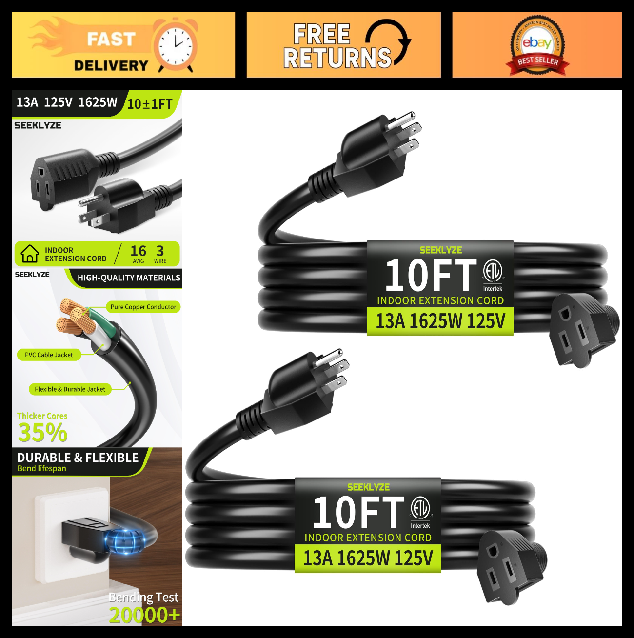 10 FT 16/3 Black Extension Cord (2 Pack)   Heavy Duty Indoor Power Cable for App0