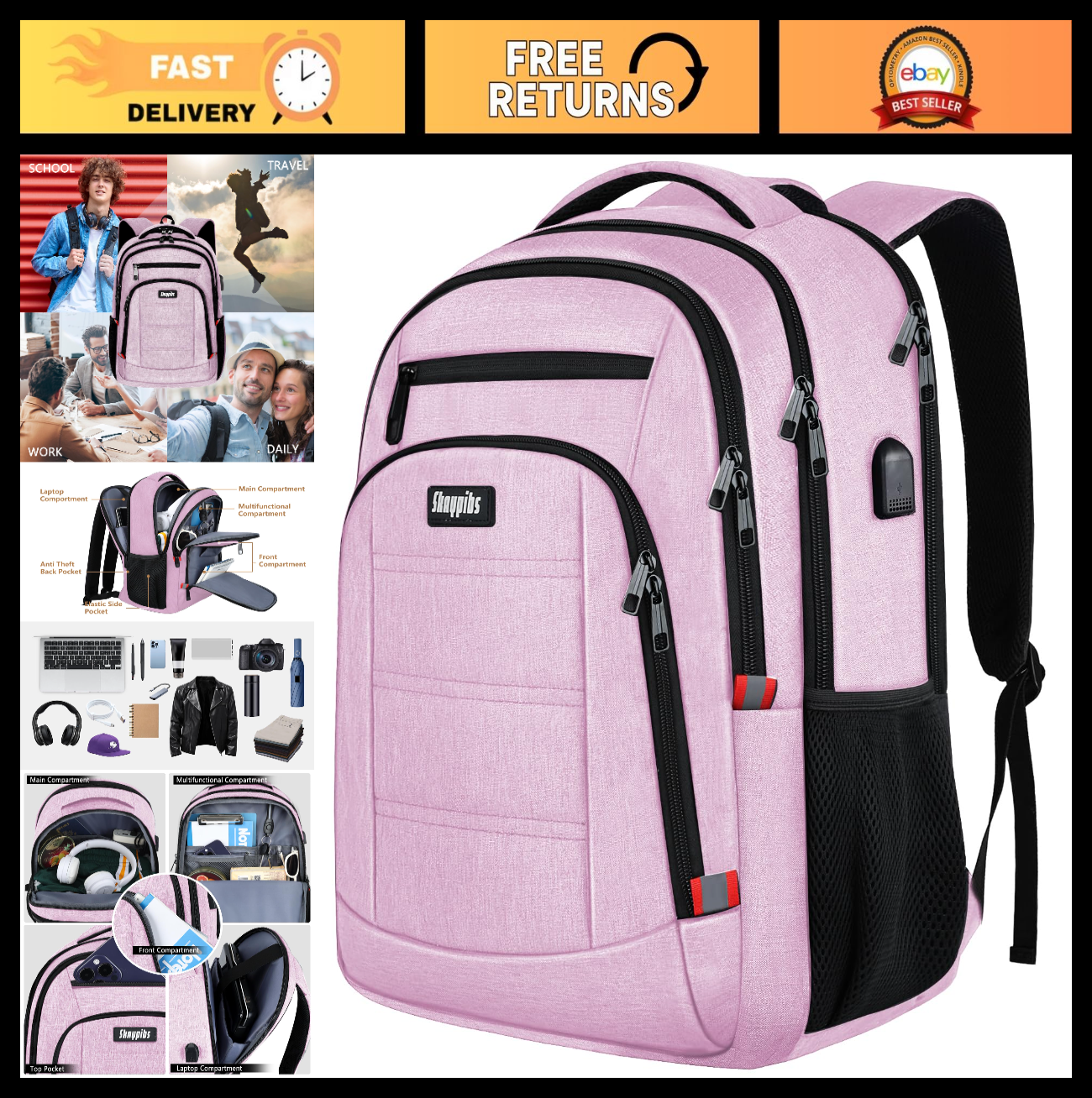 Pink Backpack for Women, USB Charging School Bag for Girls, Fits 15.6" Laptop0