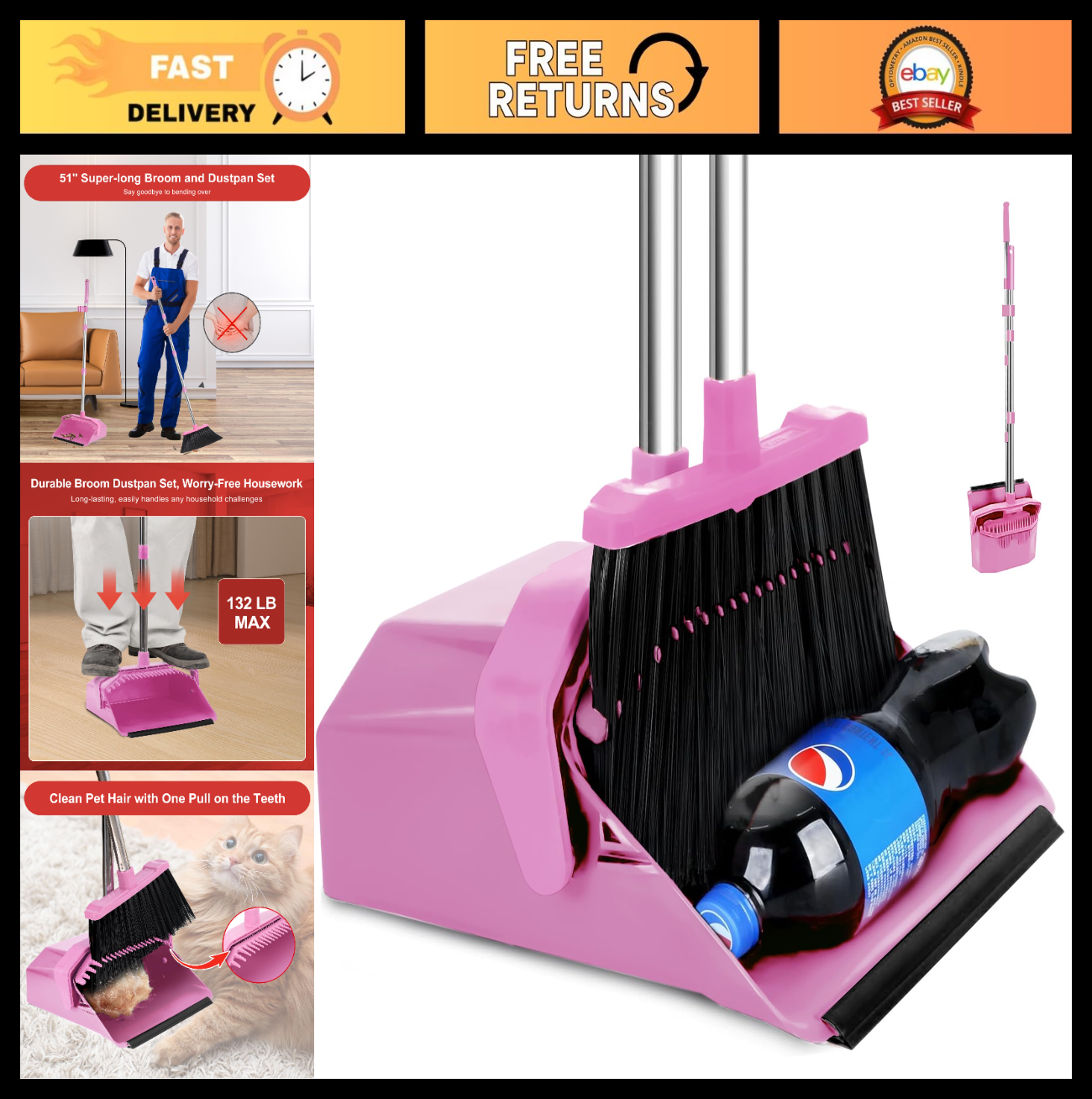 51'' Broom & Dustpan Set - Standing Broom for Pet Hair & Floor Cleaning - Pink0