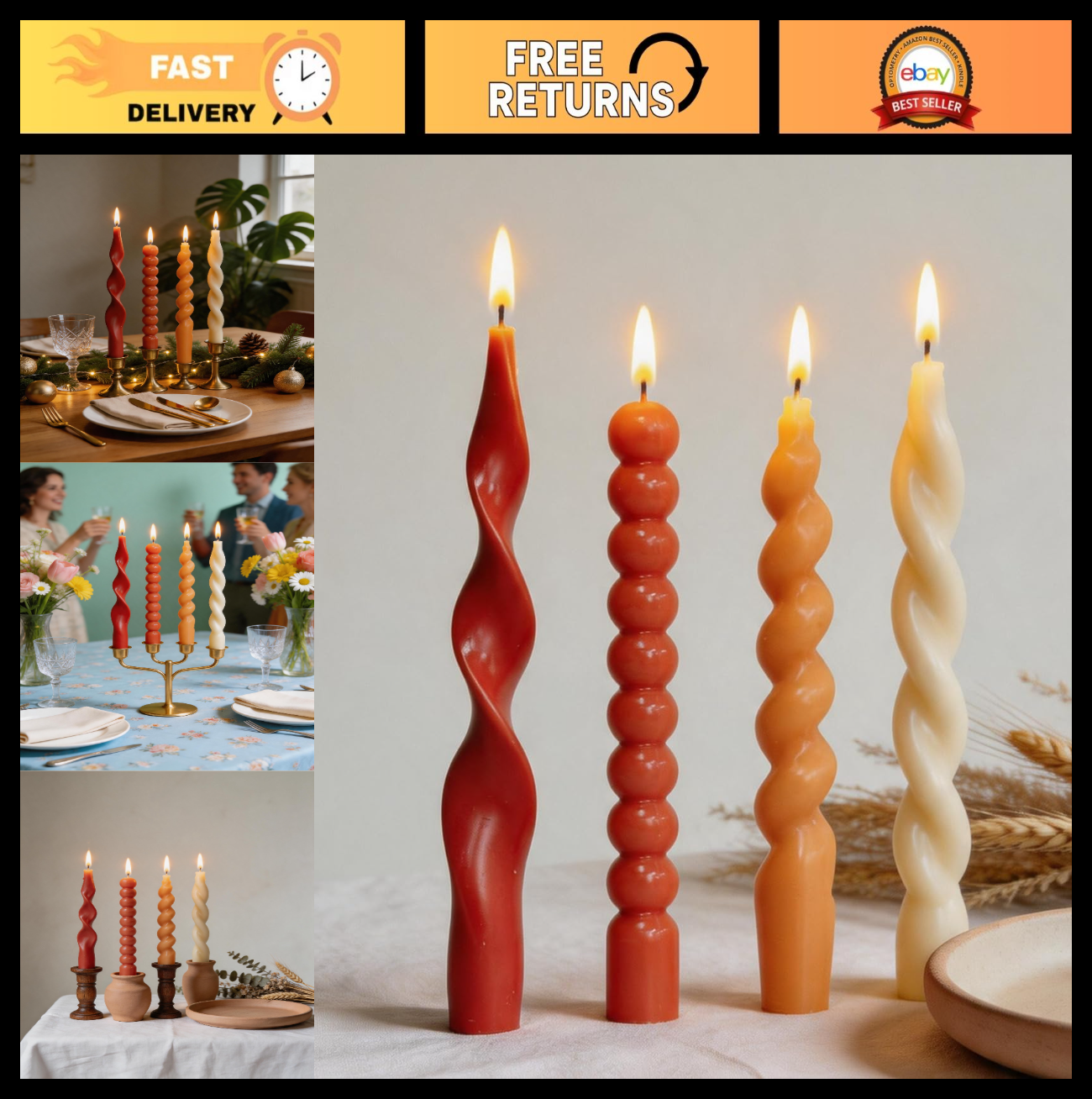 Orange Spiral Taper Candles - Unscented Twisted Candle Sticks for Dinner & Holid0