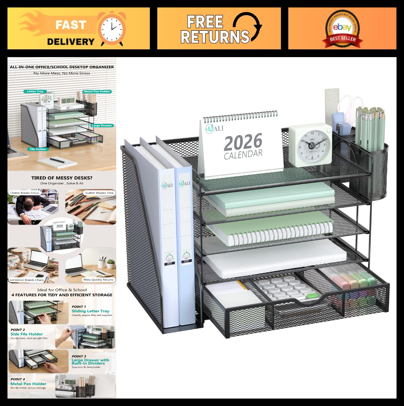 5 Tier Desktop File Organizer with Drawer & Pen Holders   Office Desk Accessorie0