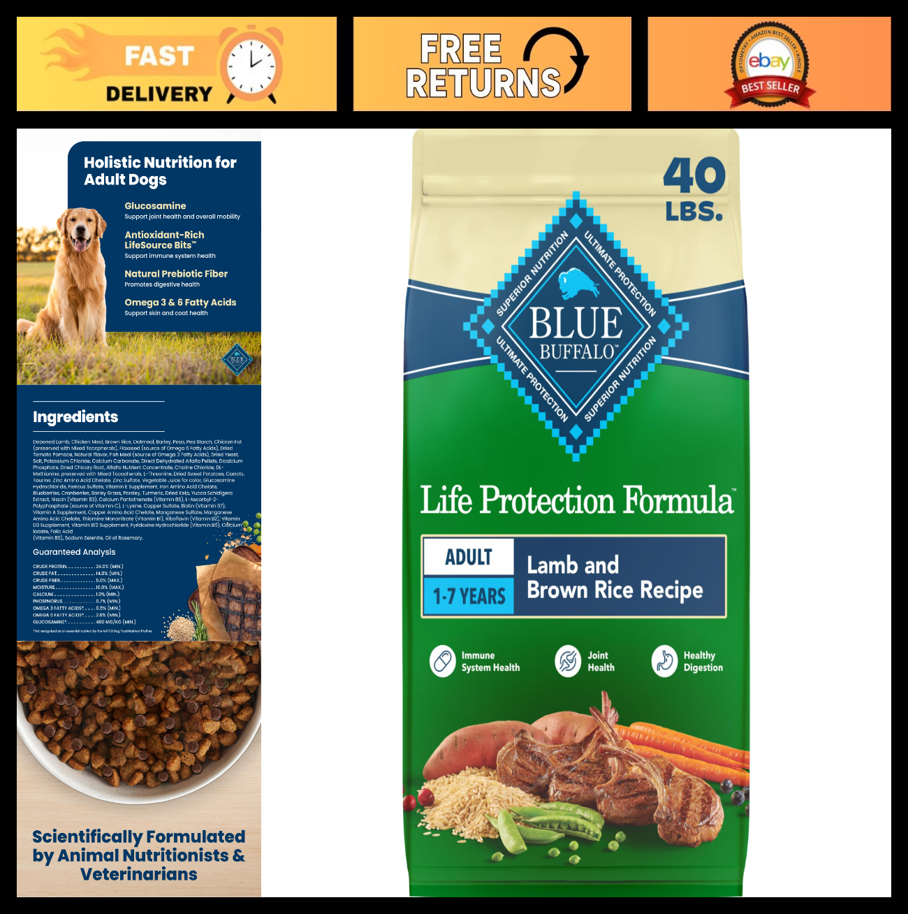 Premium Lamb Adult Dry Dog Food, 40 lb   Life Protection Formula, Grain Free, He0