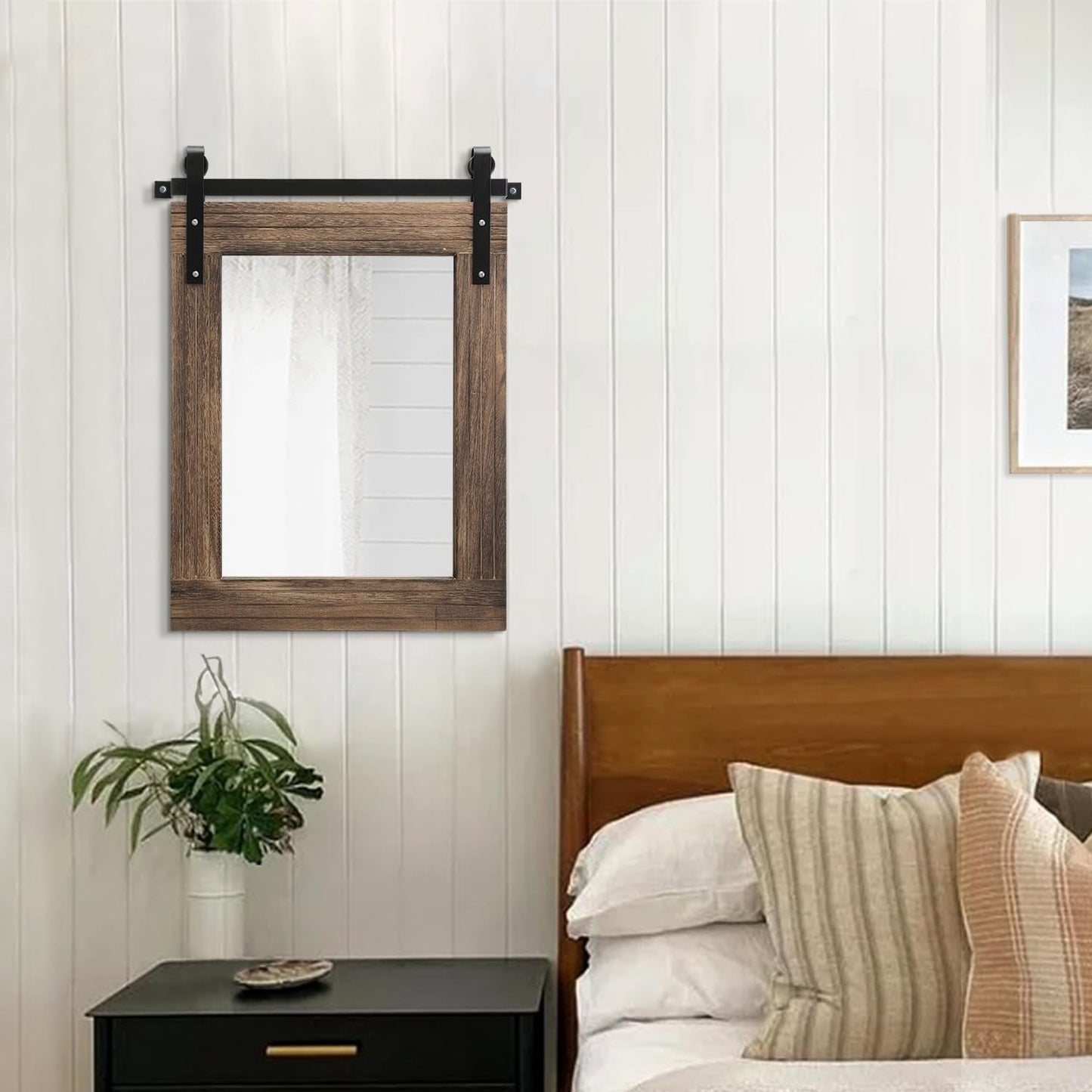 Rustic Barn Door Wall Mirror - Large 20"x16" Wood Framed Decorative Mirror for H4