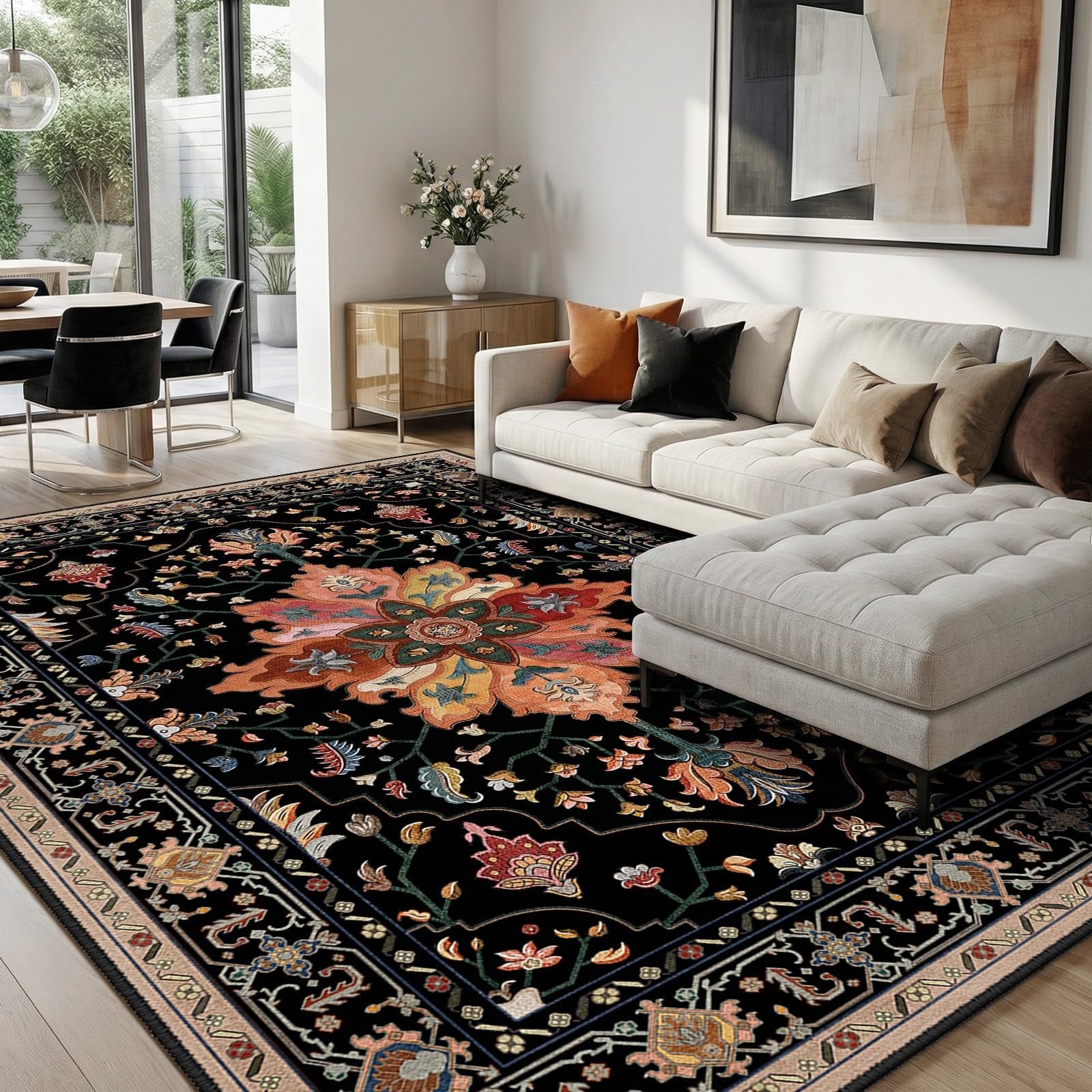 Washable 8'x10' Area Rug   Non Slip, Water Repellent, Pet Friendly, Vintage Flor1