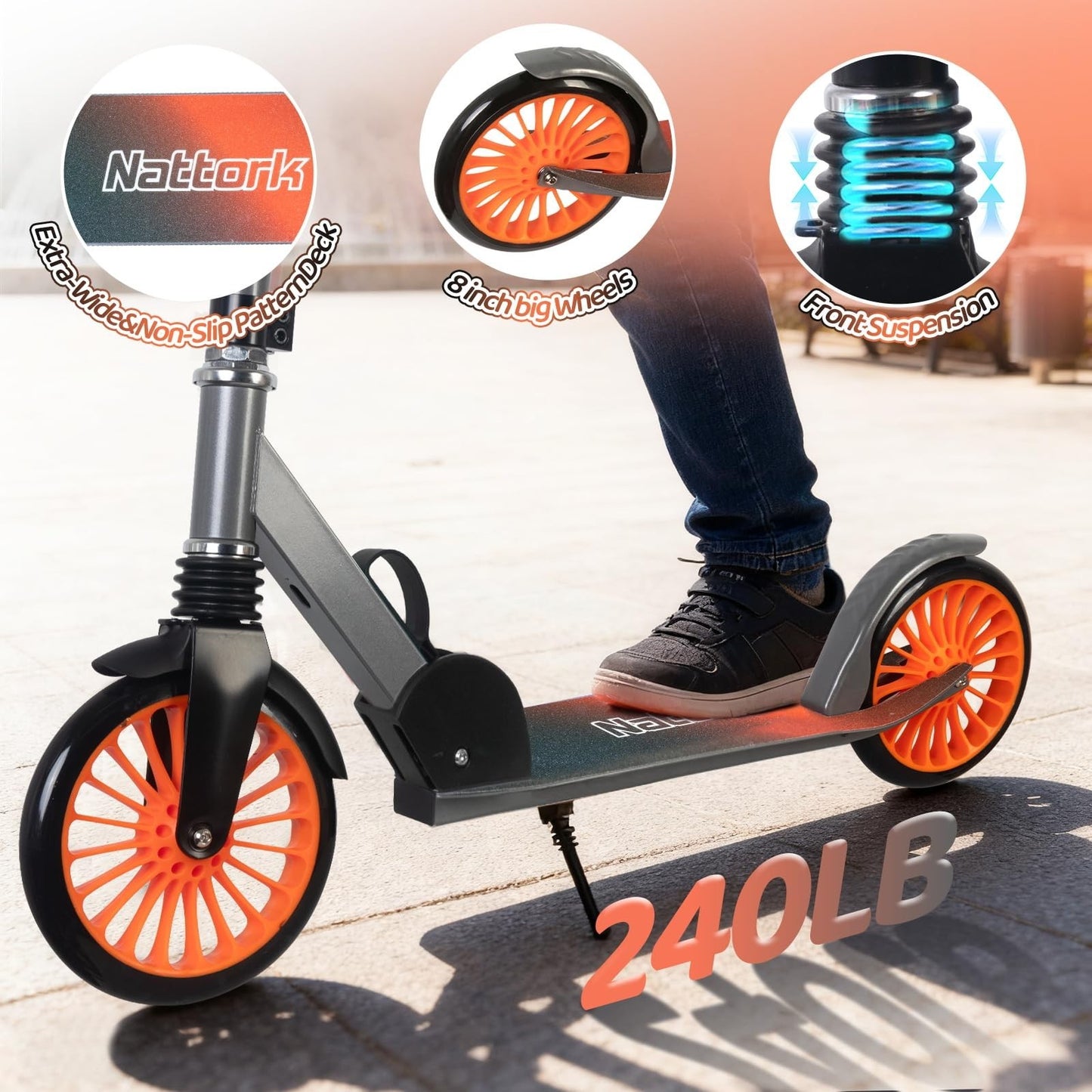 Adjustable Kick Scooter for Kids & Teens, 240 LBS Max Load, Foldable, 8" Wheels,2