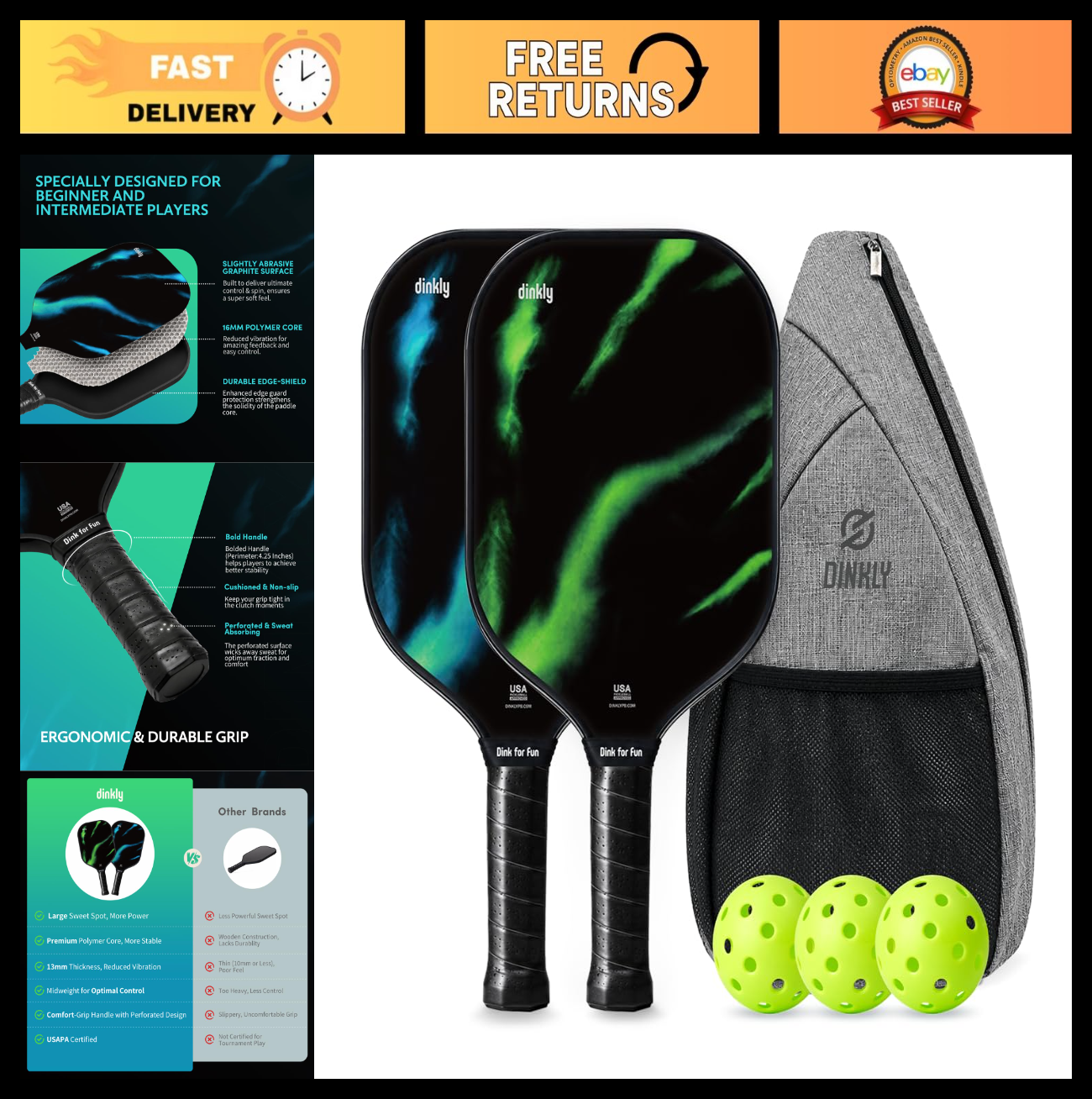 Pickleball Paddle Set of 2/4 - USAPA Approved Graphite/Fiberglass Rackets, 4 Bal0