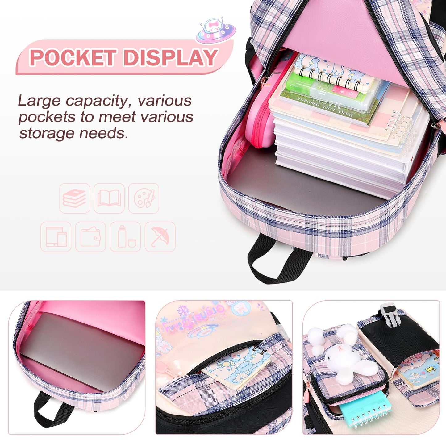 Kawaii Bunny Girls Backpack Set 3PCS   School Bag with Lunch Box & Pencil Case,2