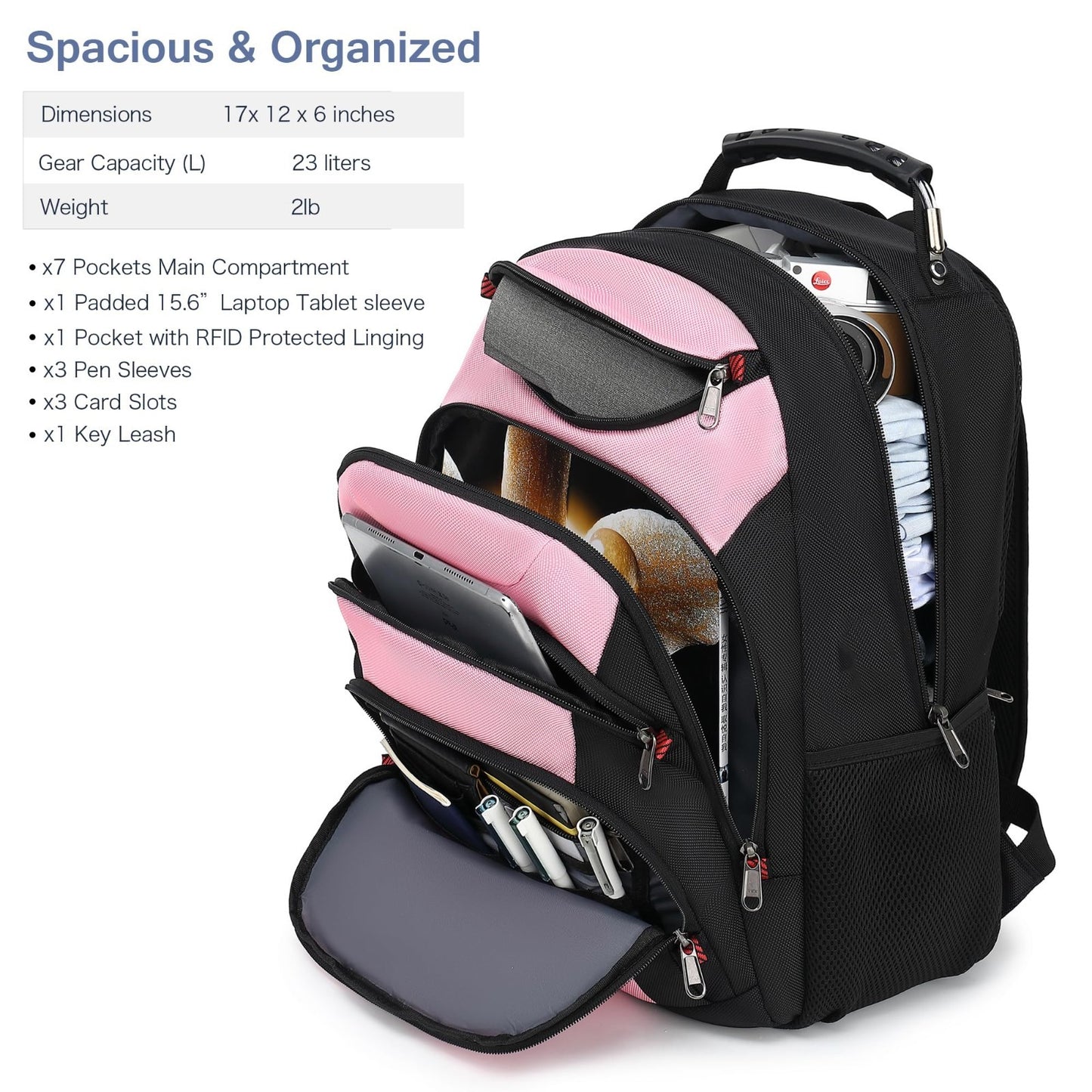 Waterproof 15.6" Laptop Backpack with USB Port, Anti Theft Travel Bag, Pink/Blac2