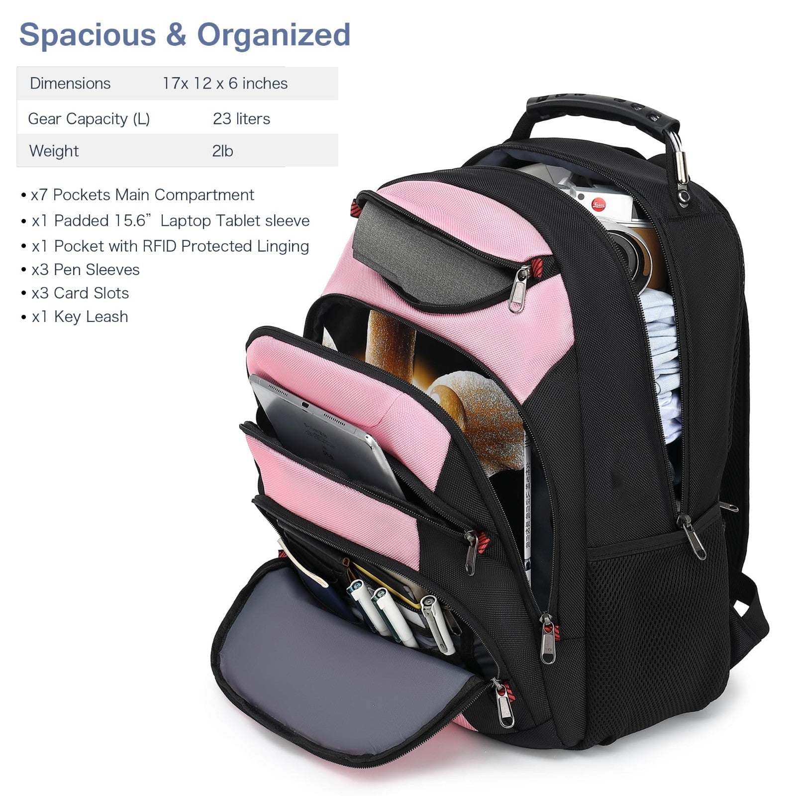 Waterproof 15.6" Laptop Backpack with USB Port, Anti Theft Travel Bag, Pink/Blac2