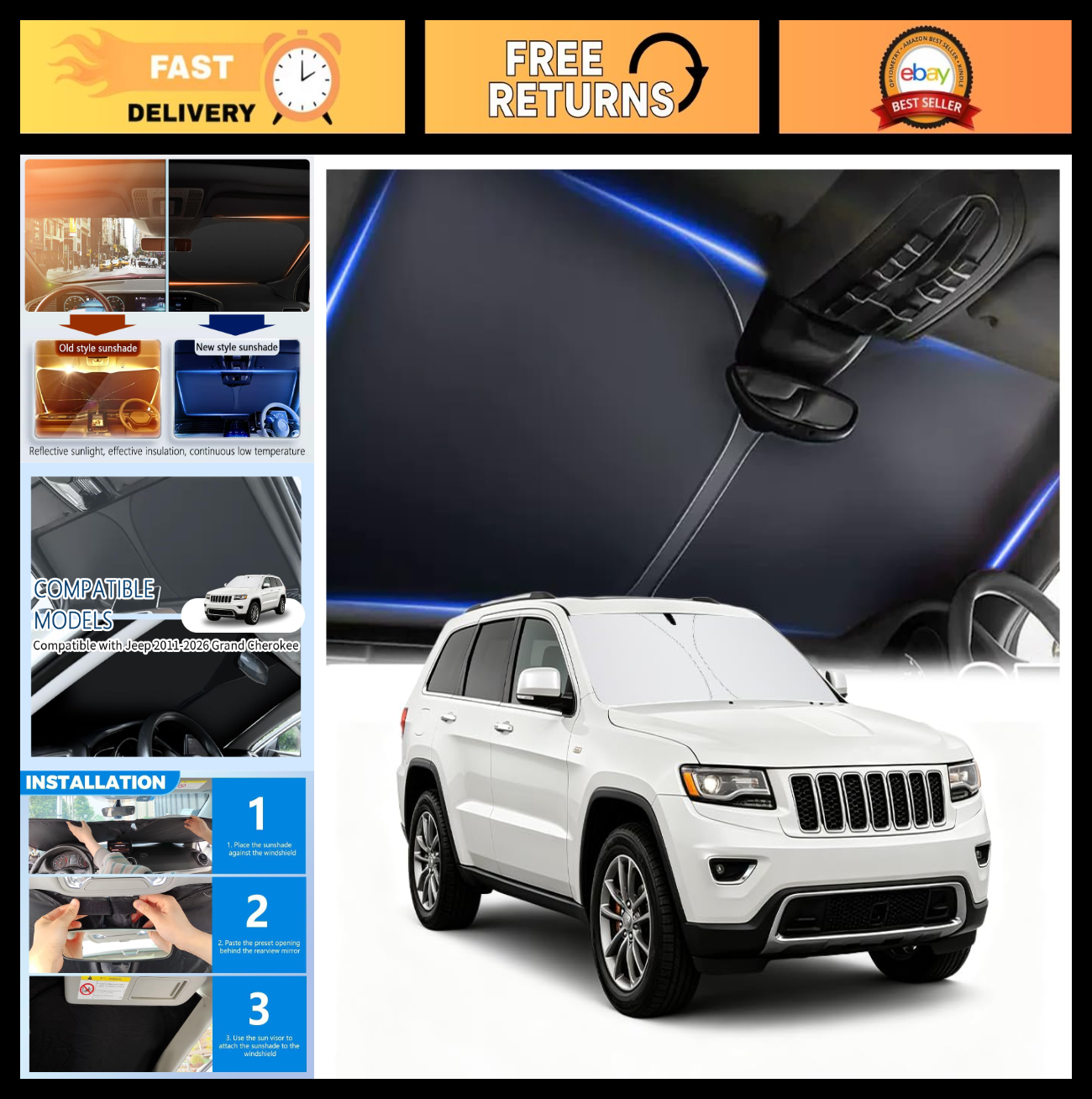 Foldable Car Windshield Sun Shade with Storage Bag, Oxford Cloth, Fits Jeep Gran0