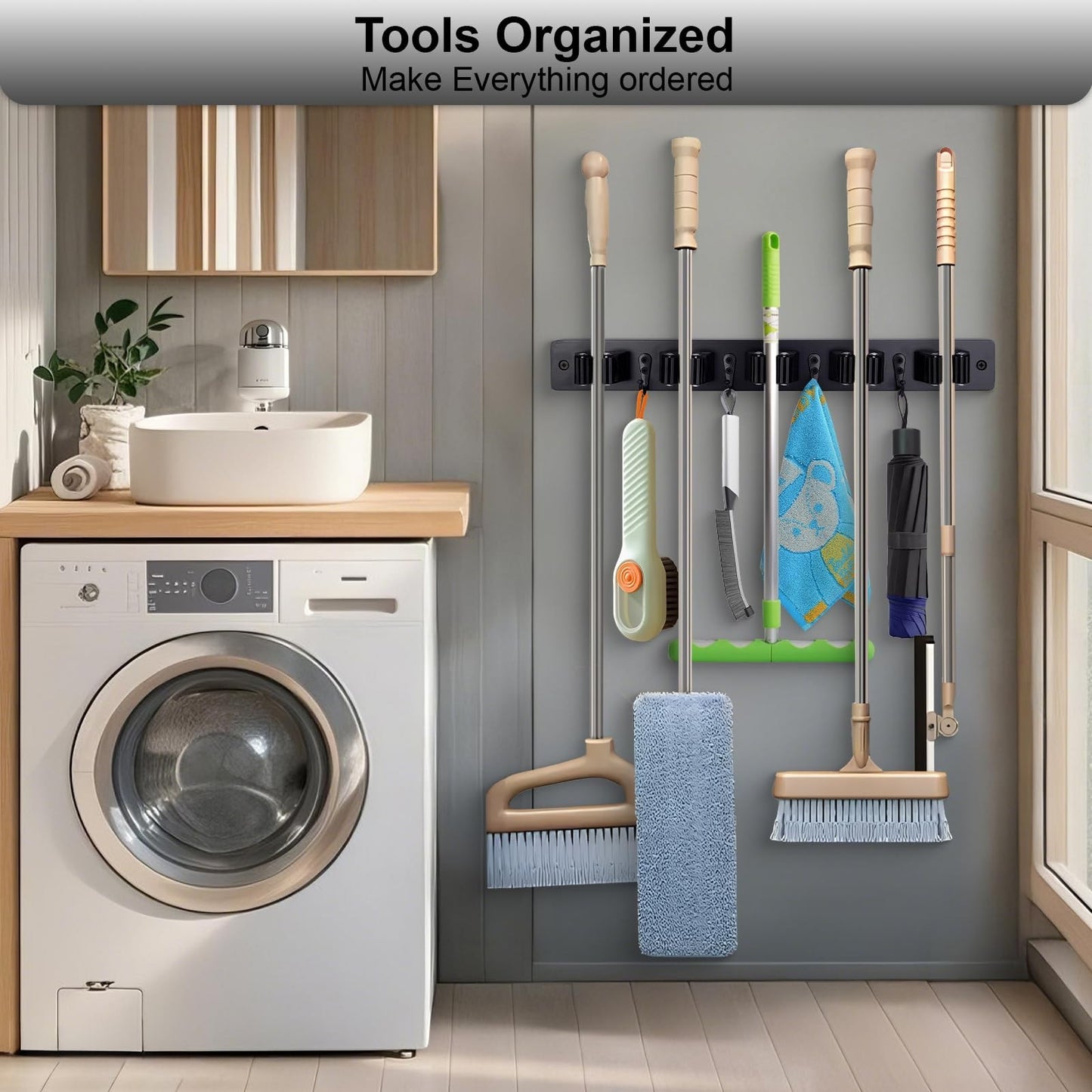 Wall Mounted Broom Holder with 5 Slots & 4 Hooks - Rustic Wood Tool Organizer Ra2