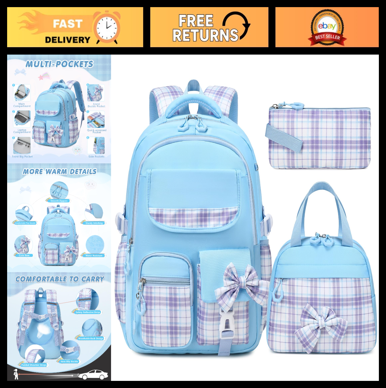 Stylish 3PCS Girls School Backpack Set, 17" Bow Plaid Bookbag for Kids0
