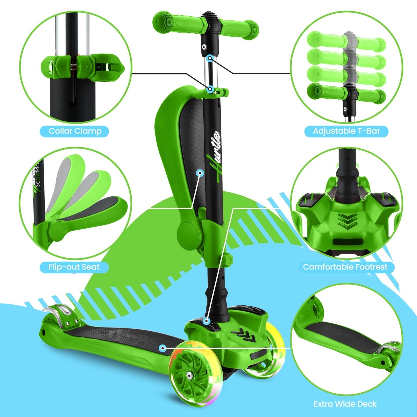 3-Wheeled Kids Scooter with LED Lights, Adjustable Handlebar & Foldable Seat - S3