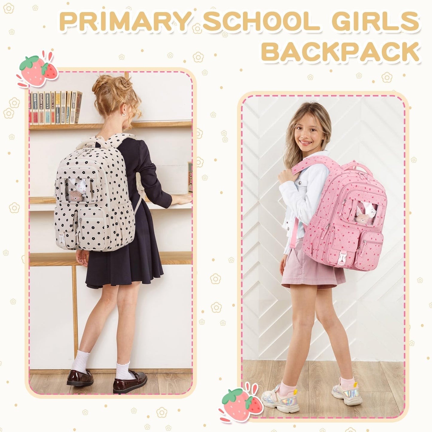 Kawaii Corduroy Backpack for Girls - Cute School Bag, Book Bag for Kids, Floral6
