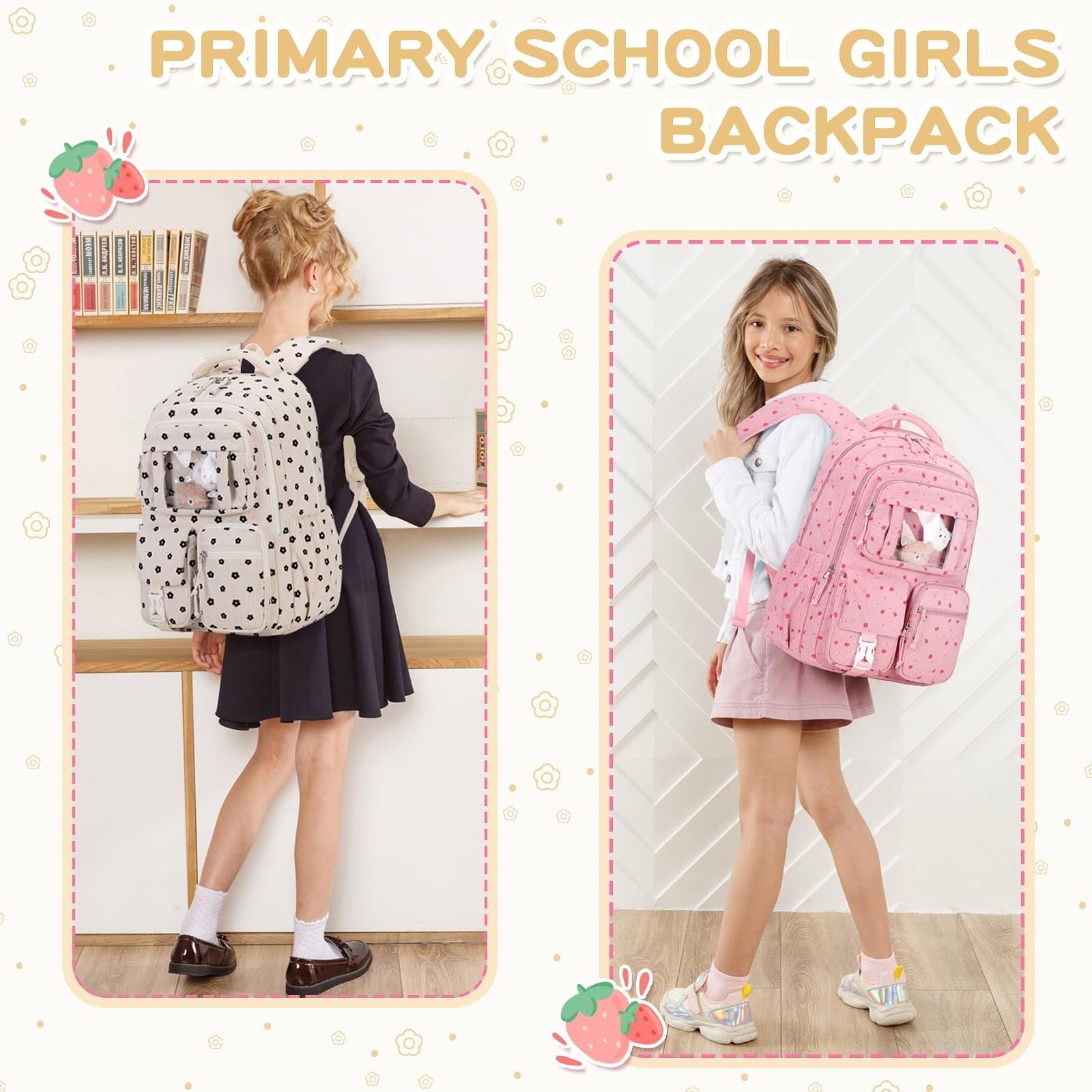 Kawaii Corduroy Backpack for Girls - Cute School Bag, Book Bag for Kids, Floral6