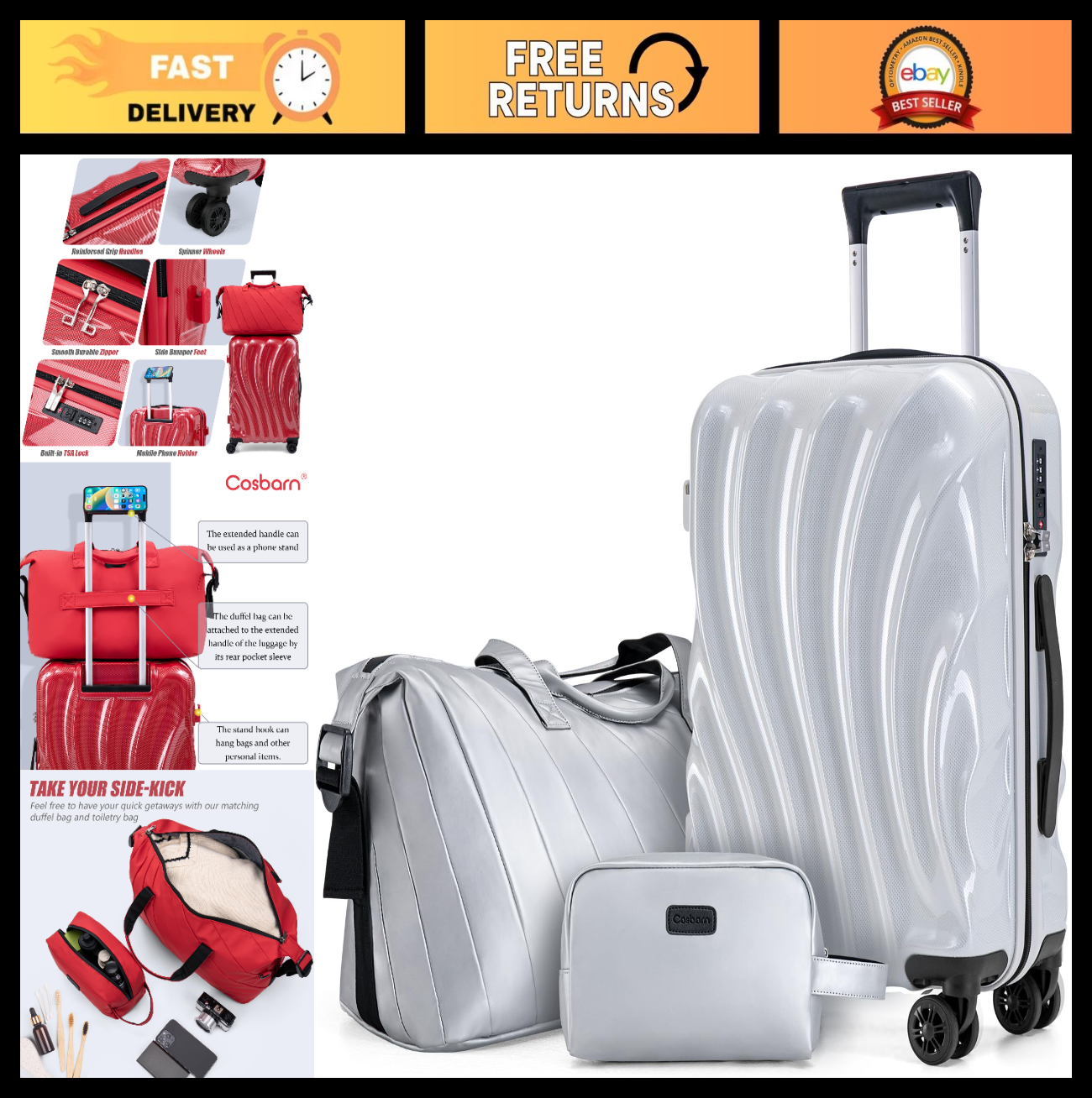 3 Piece Hardshell Luggage Set with Wheels, Lightweight Carry-On Suitcases, TSA L0