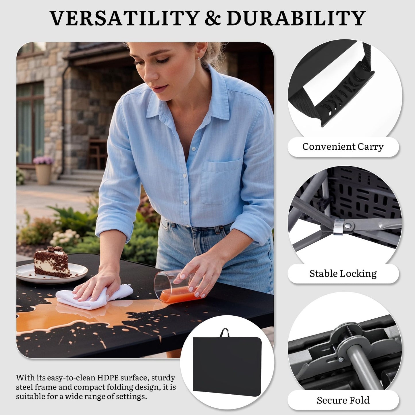 Heavy Duty 6ft Folding Table with Carrying Handle - Portable for Outdoor & Indoo6