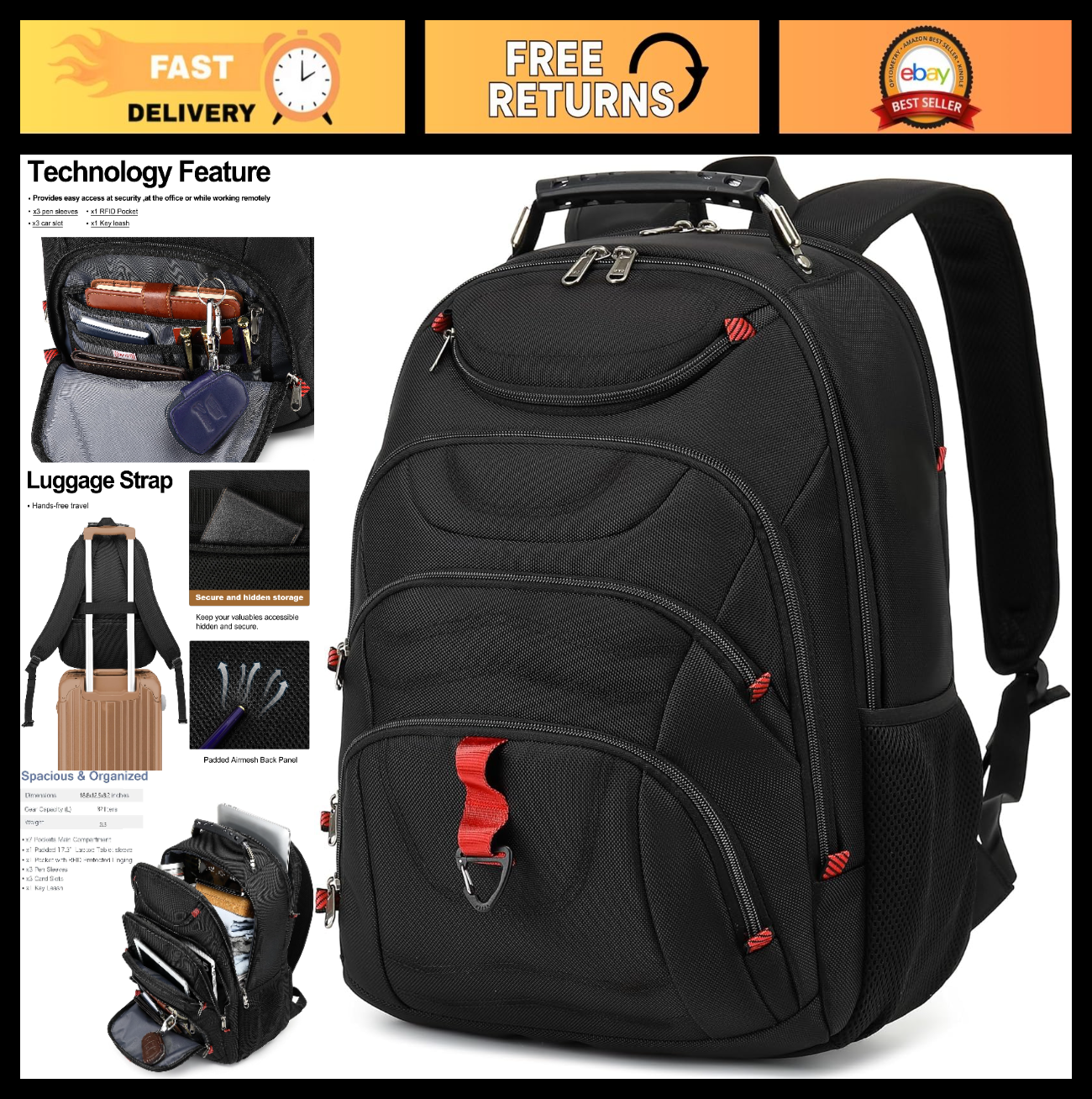17.3" Waterproof Laptop Backpack with USB Port, Anti Theft Travel Bag for Work &0