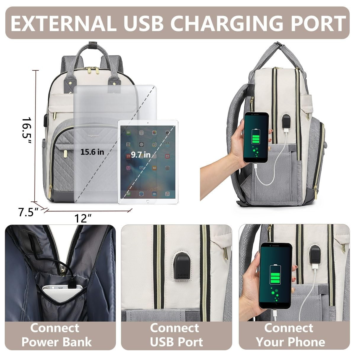 Stylish Laptop Backpack for Women   Travel Purse with USB Charger, 15.6" Waterpr3
