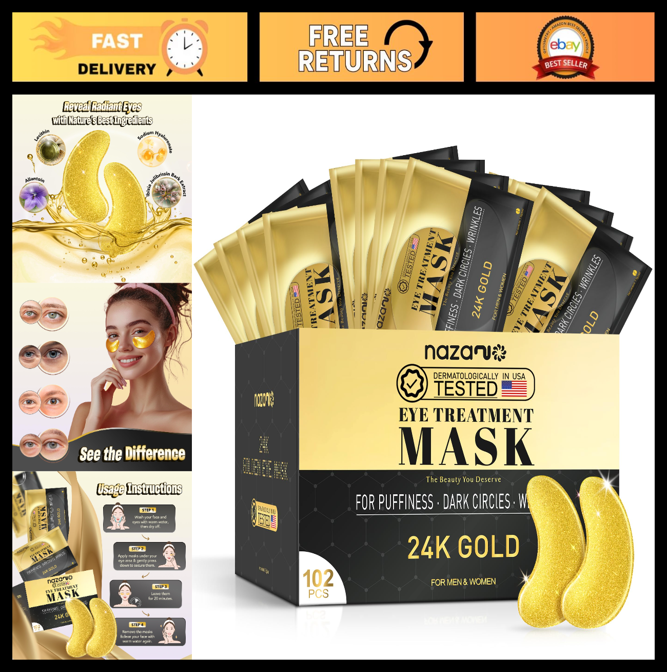 24K Gold Under Eye Patches   102 Pcs Anti Aging Eye Masks for Dark Circles & Puf0