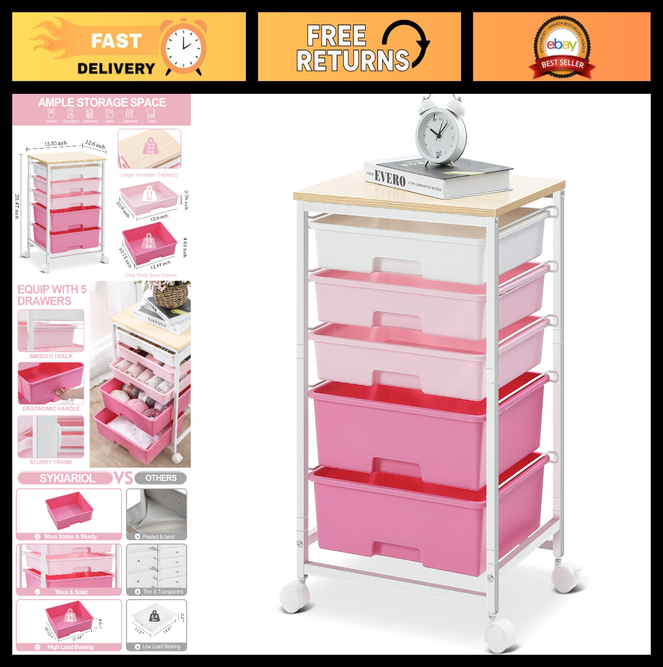 5 Drawer Utility Cart with Wooden Top, Rolling Craft Trolley, Lockable Wheels, P0