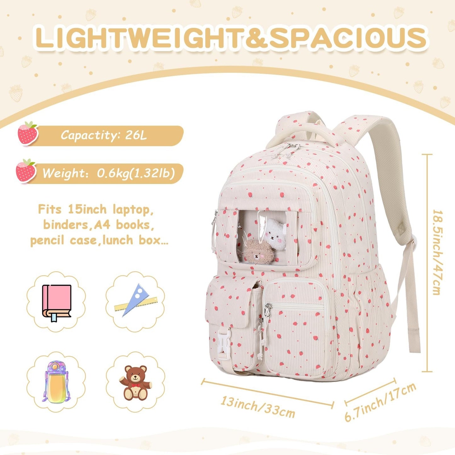 Kawaii Corduroy Backpack for Girls - Cute School Bag for Middle & Elementary Stu5