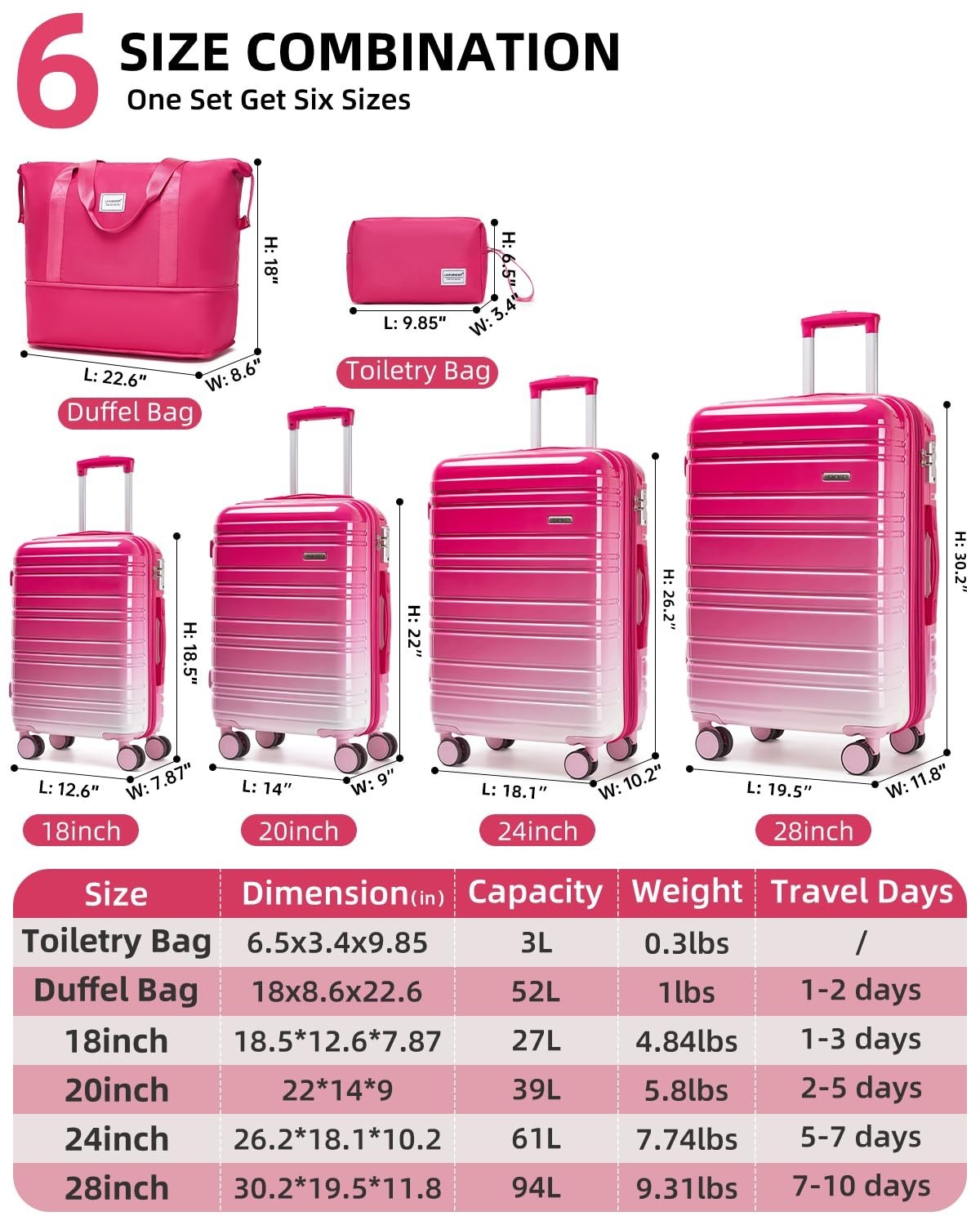 6-Piece Expandable Luggage Set - Lightweight Hardshell Suitcases with TSA Lock,4